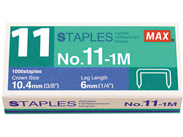 Max NO11-1M No. 11 Mini Staples for HD-11FLK, 1/4" Leg, 3/8"Crown Flat Clinch, 1,000/Box