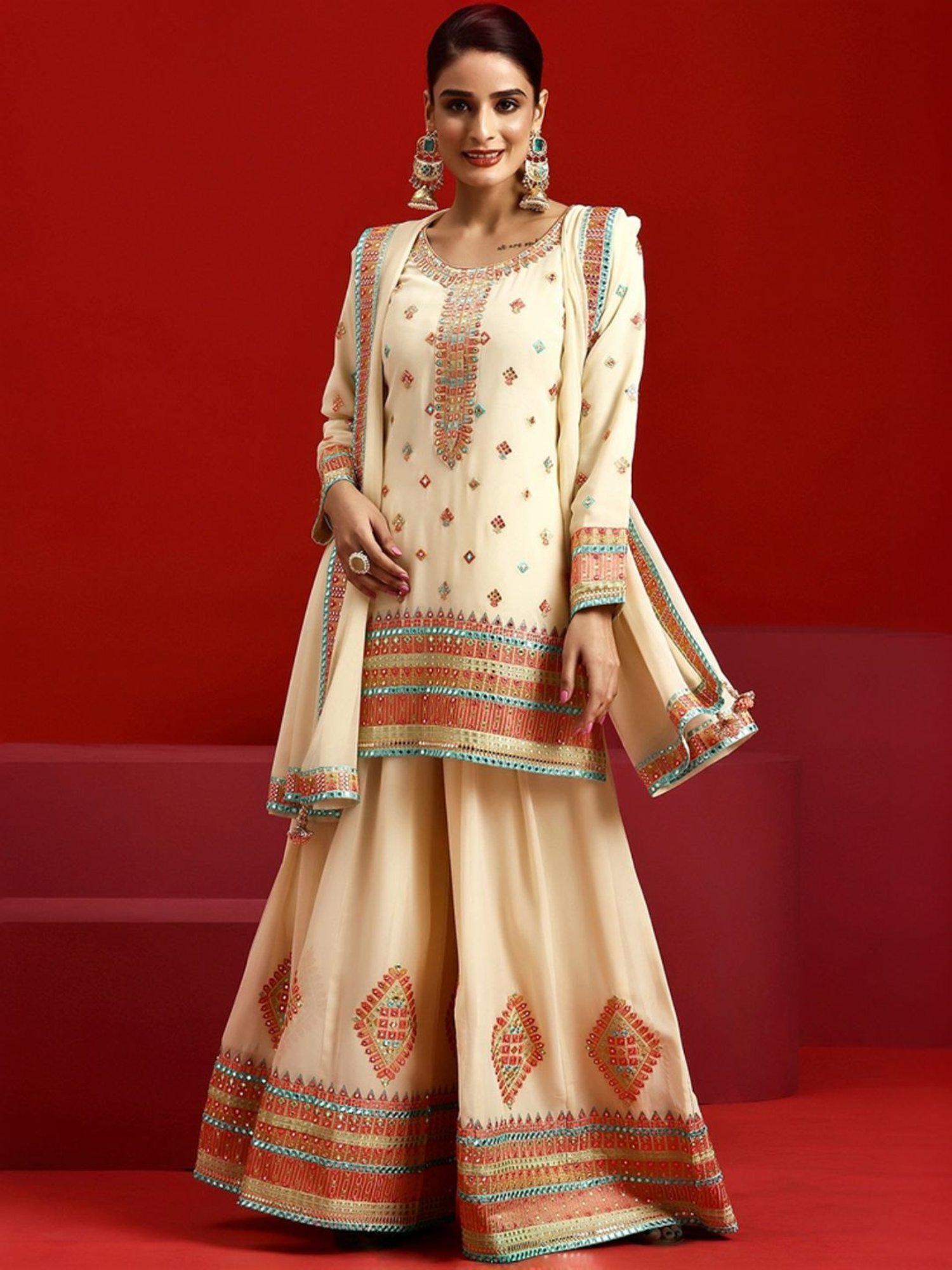 Libas Art Beige Embroidered Kurti Palazzo Set With Dupatta