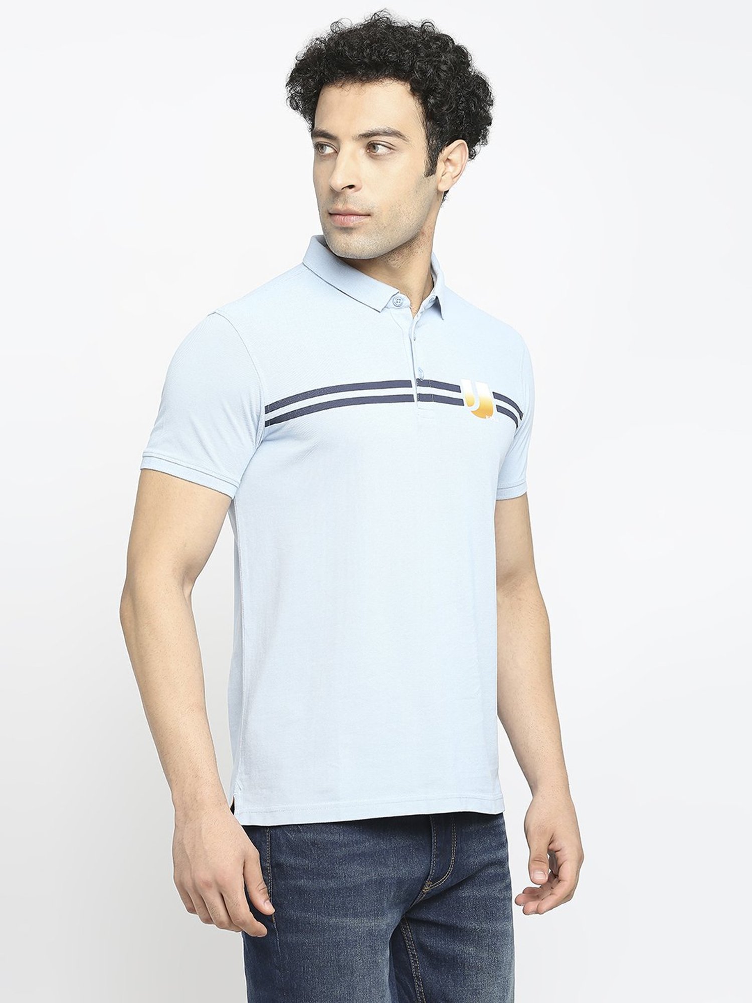 UnderJeans by Spykar Powder Blue Regular Fit Printed Polo T-Shirt