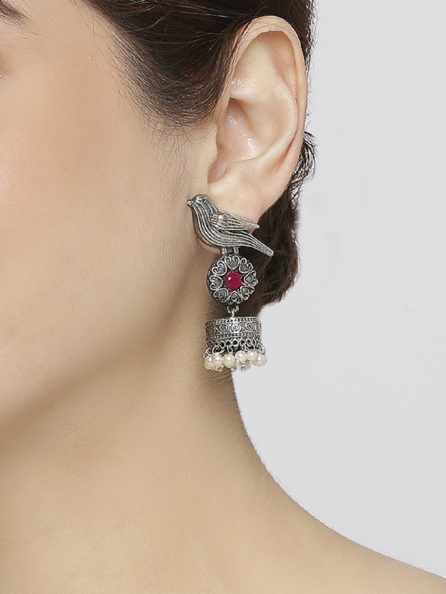 OOMPH Jewellery Oxidized Silver Look Alike Bird Design Maroon Stone & Pearls Ethnic Jhumki