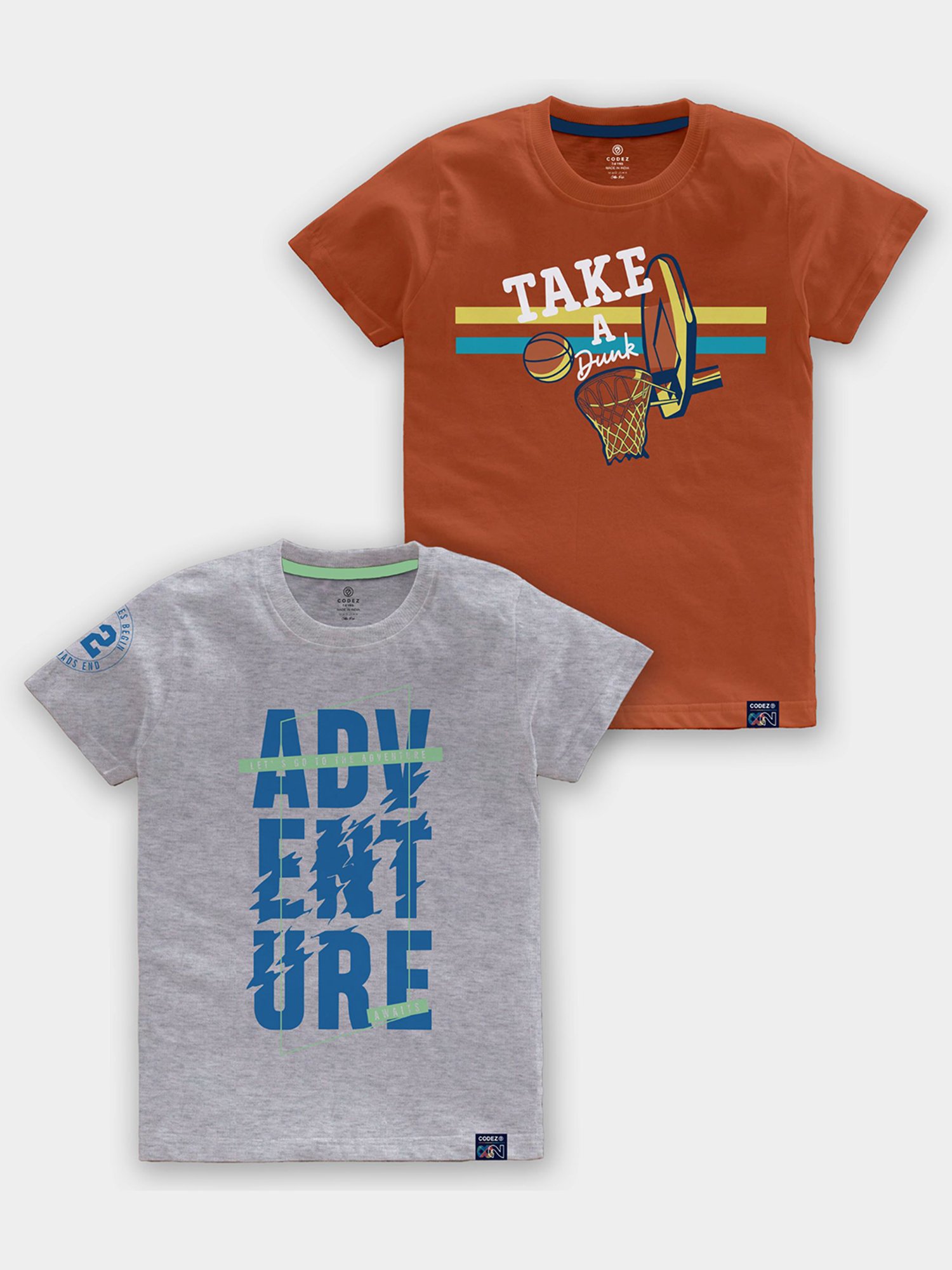 Codez Kids Grey Melange & Rust Printed T-Shirt (Pack Of 2)