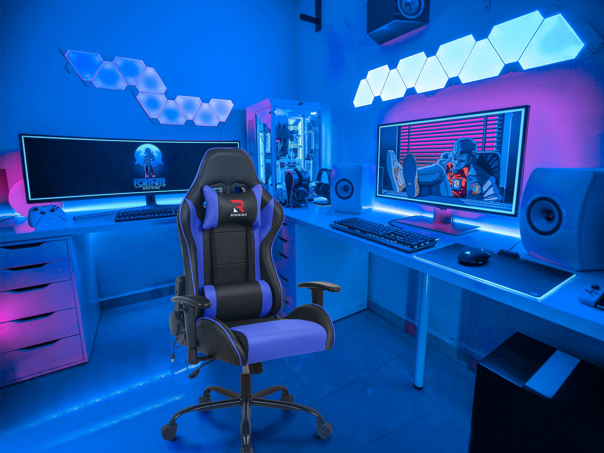 RIMIKING Massage Racing High Back Ergonomic  Computer Gaming Chair  Soft Headrest&Backrest Desk Chair Swivel Adjustable Armrest  Office Chair