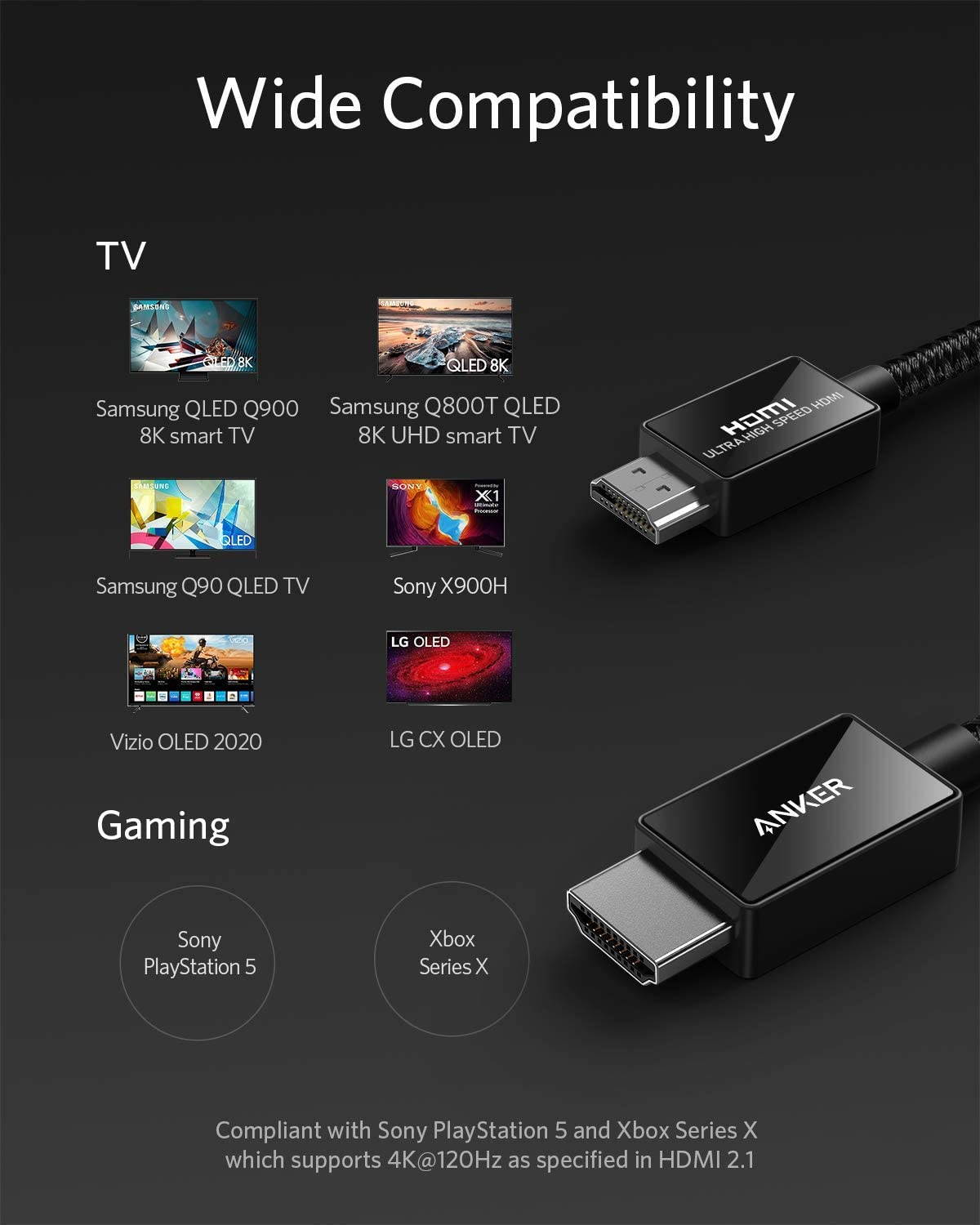 Anker 8K@60Hz HDMI Cable, Ultra High Speed 4K@120Hz 48Gbps 6.6 ft Ultra HD HDMI to HDMI Cord, Support Dynamic HDR, eARC, Dolby Atmos, Compatible with PlayStation 5, Xbox Series X, Samsung TVs and More
