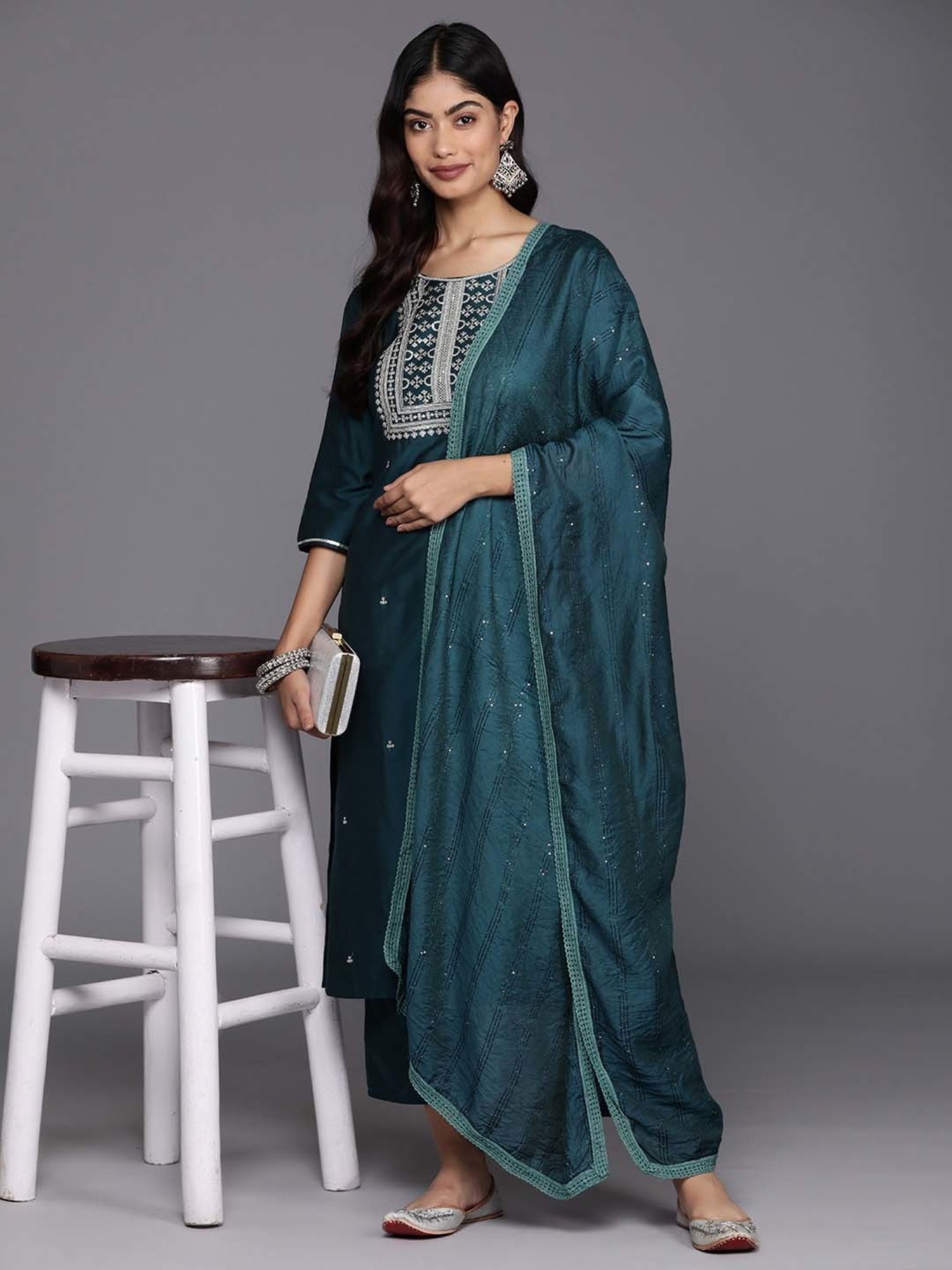 Gerua Blue Embroidered Kurta Pant Set With Dupatta