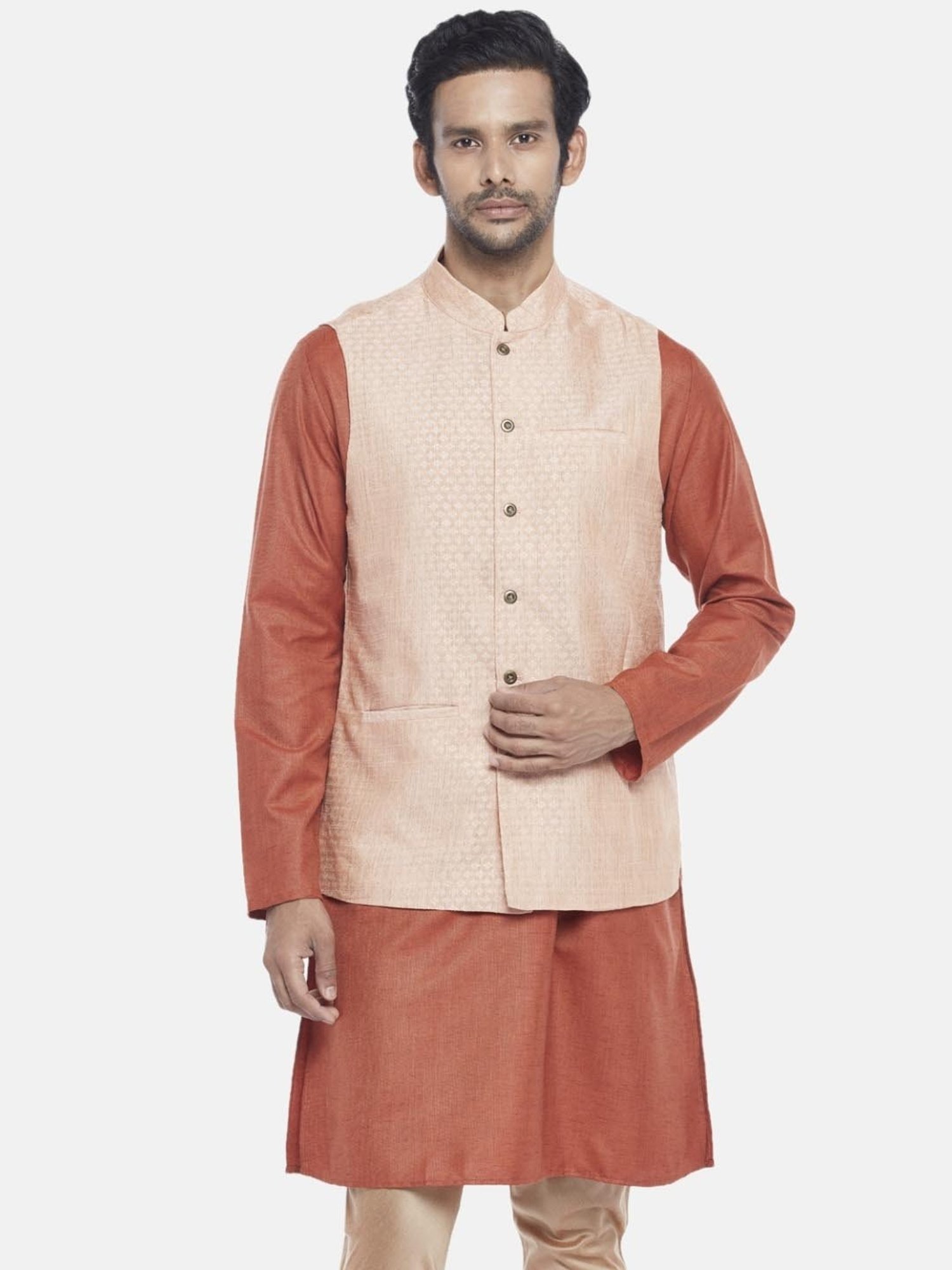 Indus Route By Pantaloons Pastel Pink Regular Fit Self Pattern Nehru Jacket