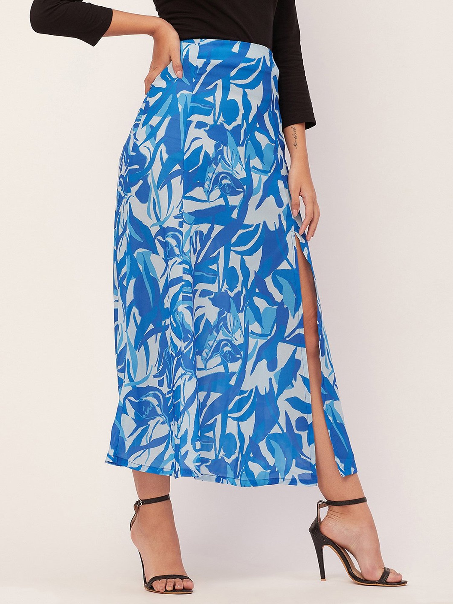 Moomaya Blue & White Georgette Printed Skirt