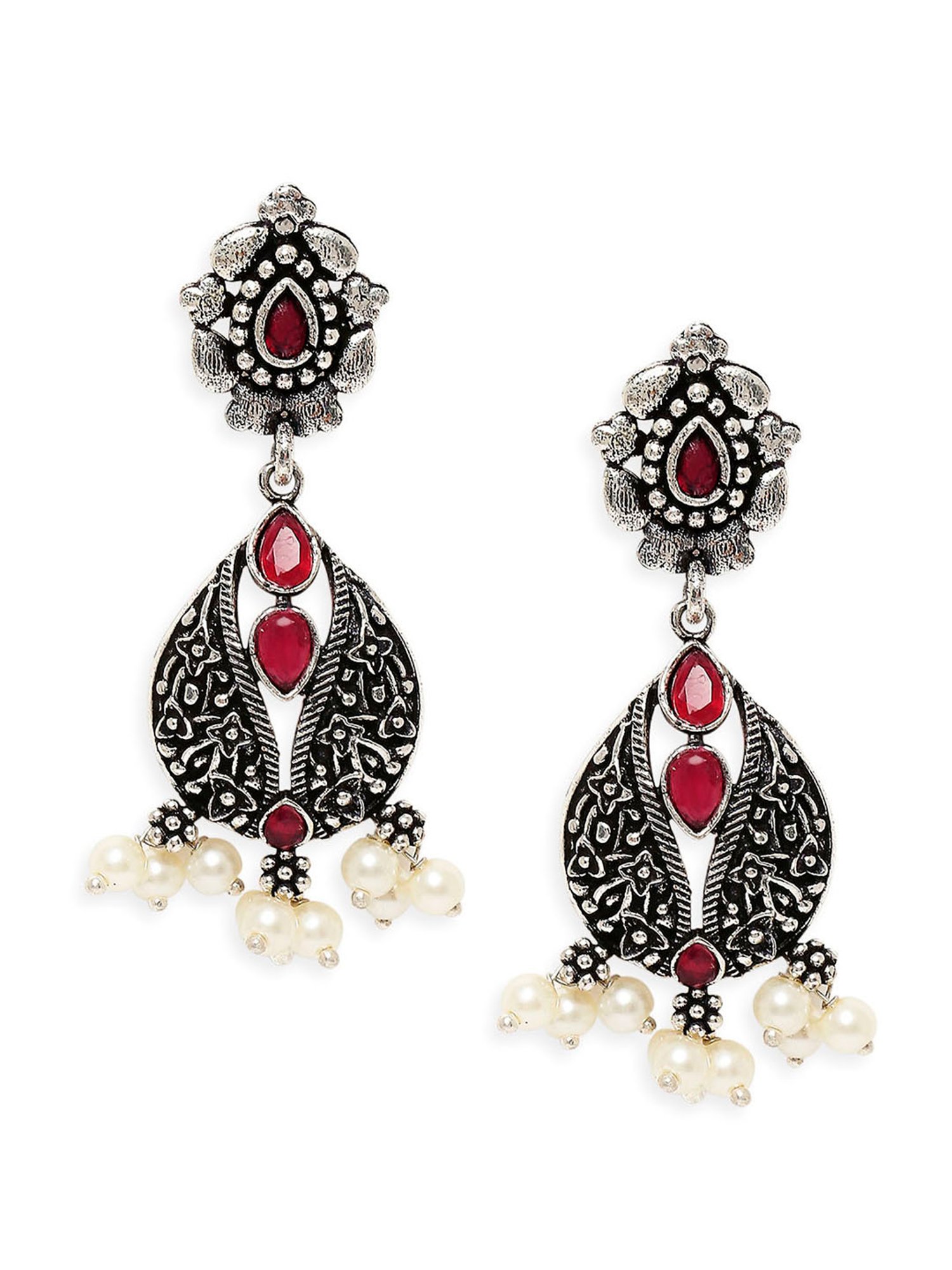 OOMPH Oxidized Silver Look Alike Maroon Stone StoneChoker Necklace Set with Drop Earrings