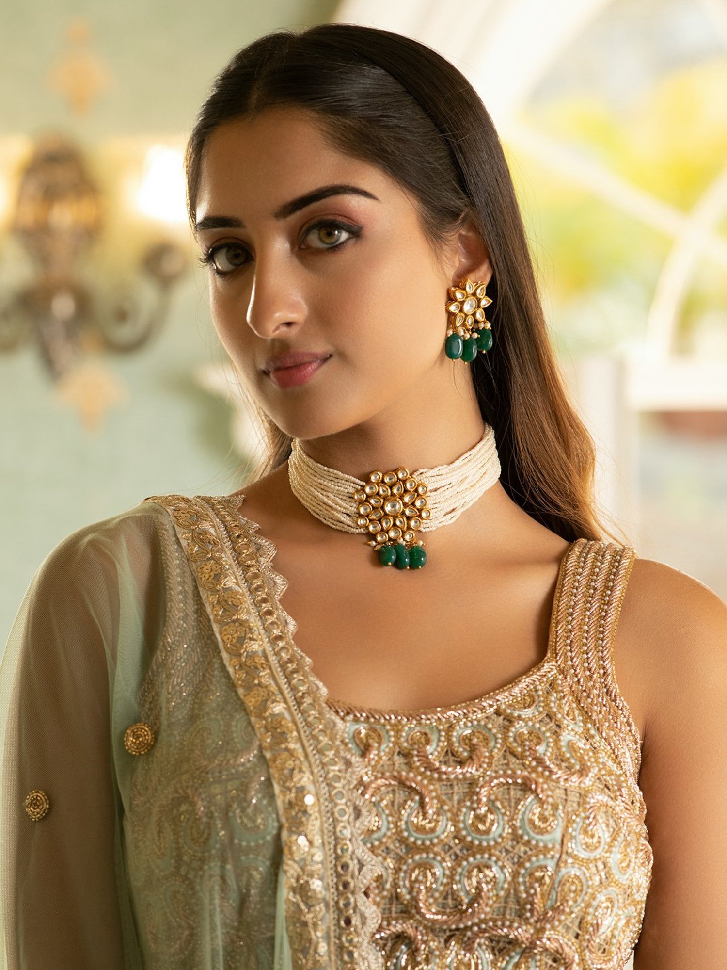 Curio Cottage Bridal Kundan and Pearls Embellished Green Necklace & Earring Set for Women