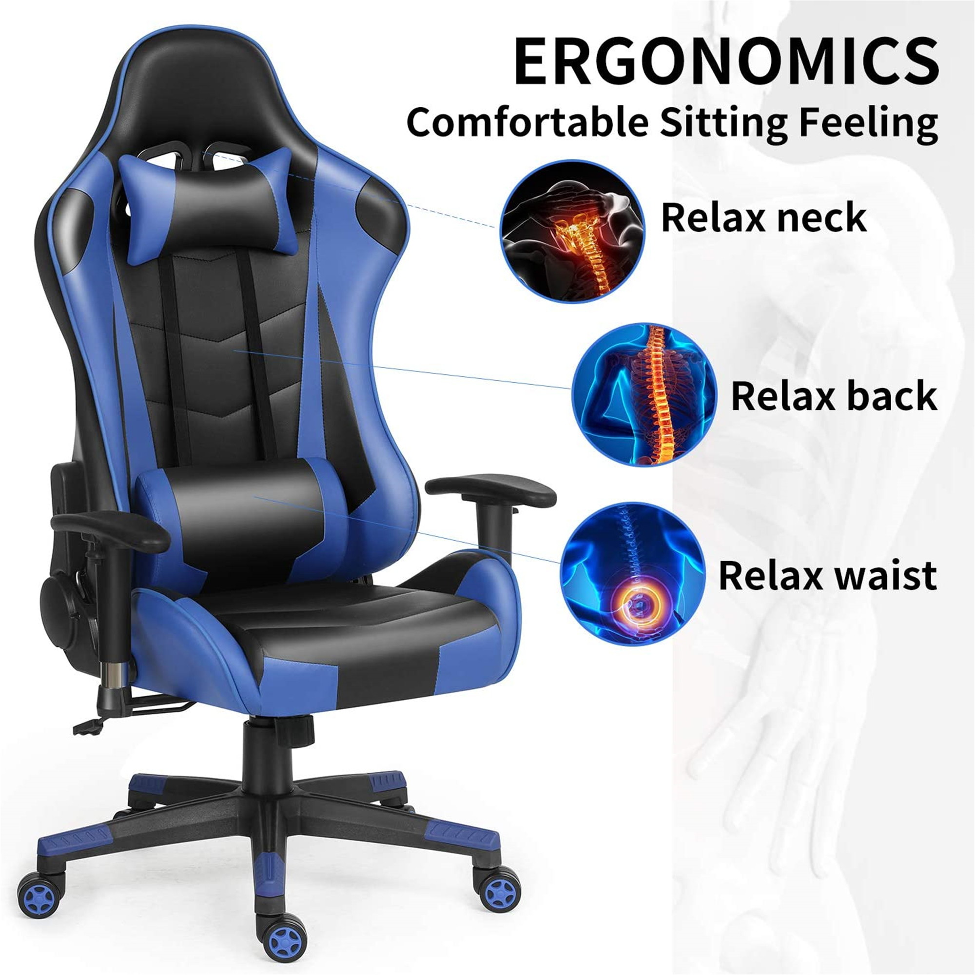 Ergonomic Gaming Chair Racing Chair E-Sports Chair Home Office Chair Computer Game Chair Backrest and Seat Height Adjustable Chair with PU Leather,Lumbar Support and Headrest