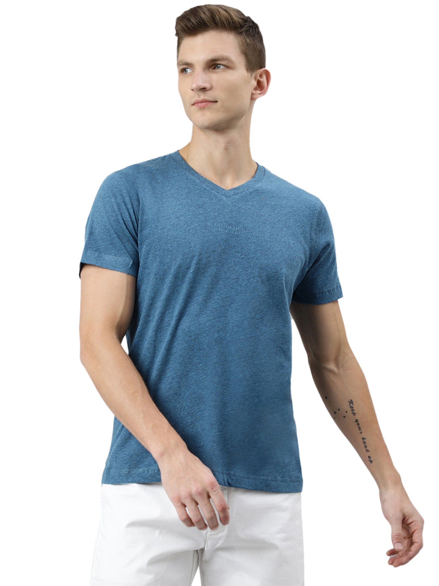 Woods Blue Melange V-Neck T-Shirt