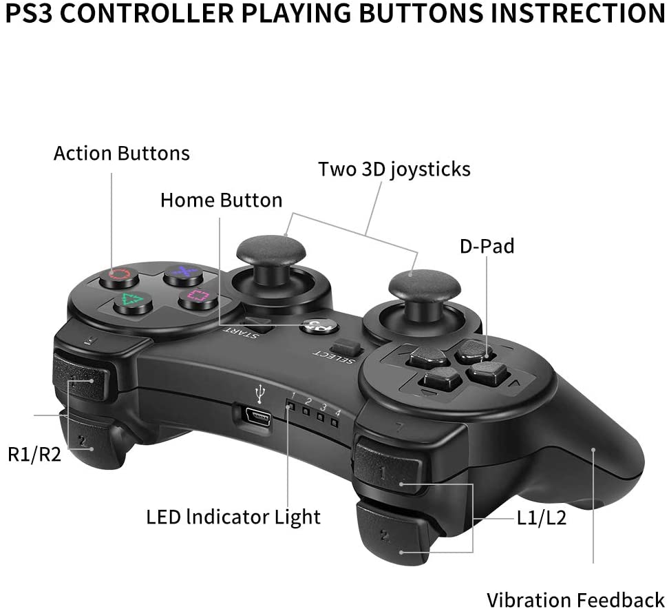 CUUWE Controller Replacement for PS-3 Controller, Wireless Move/Motion Controller Gamepad with Upgraded Joystick Compatible with Play-Station 3 (Black)2 Pack