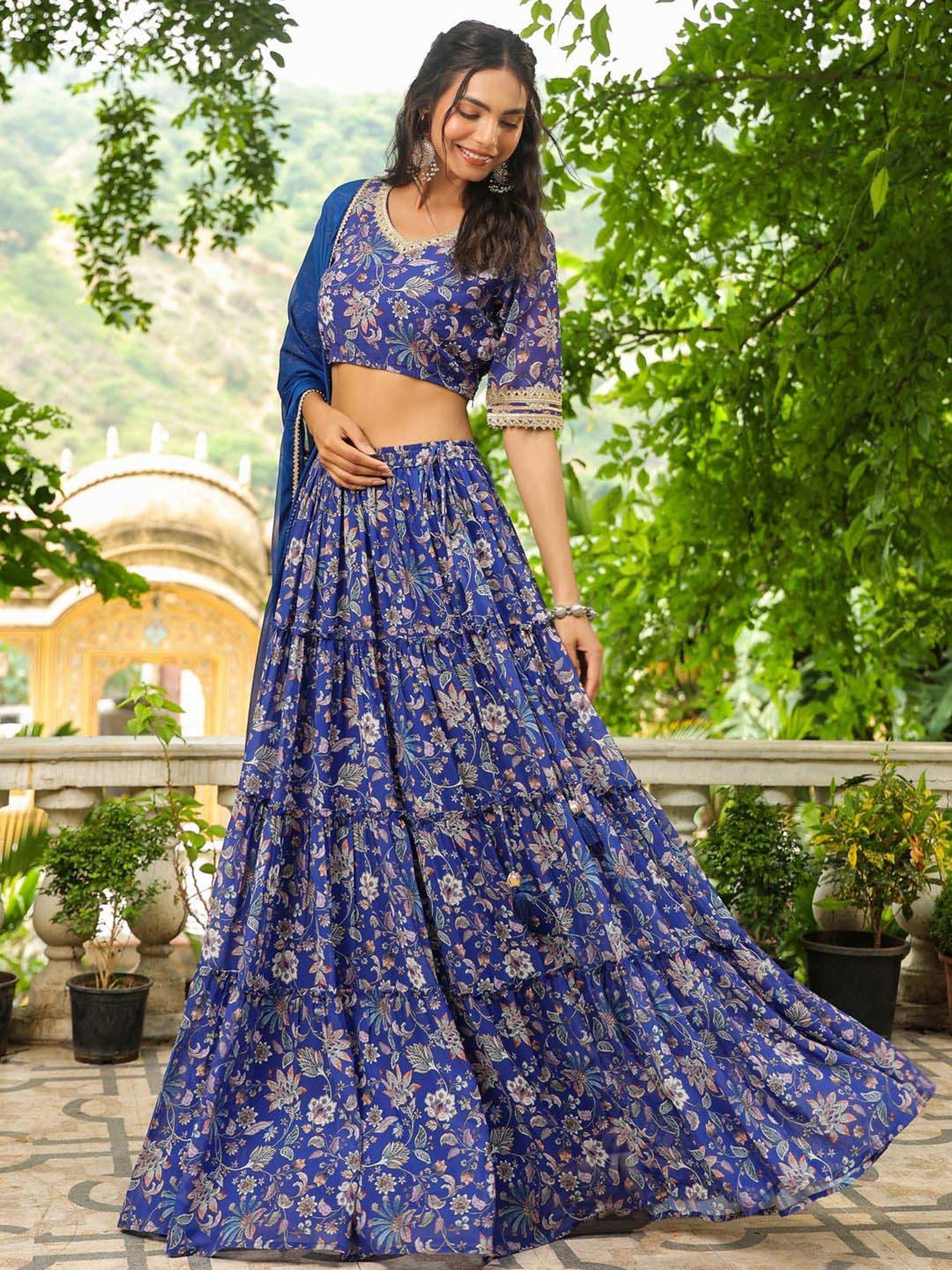 Janasya Blue Printed Lehenga Choli Set With Dupatta