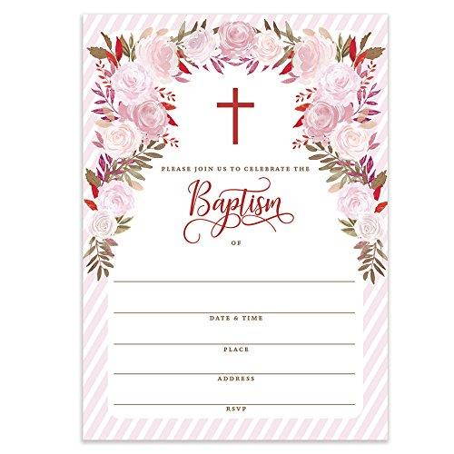 Girl Baptism Invitations with Envelopes (Pack of 25) Pink Christening Invite Large 5x7 Religious Celebration Christian Church Blessing Baptismal Dedication Fill In the Blank Excellent Value VI0095B
