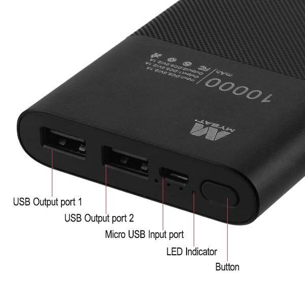 Portable 10000mAh Power Bank Dual USB Battery Pack - Black