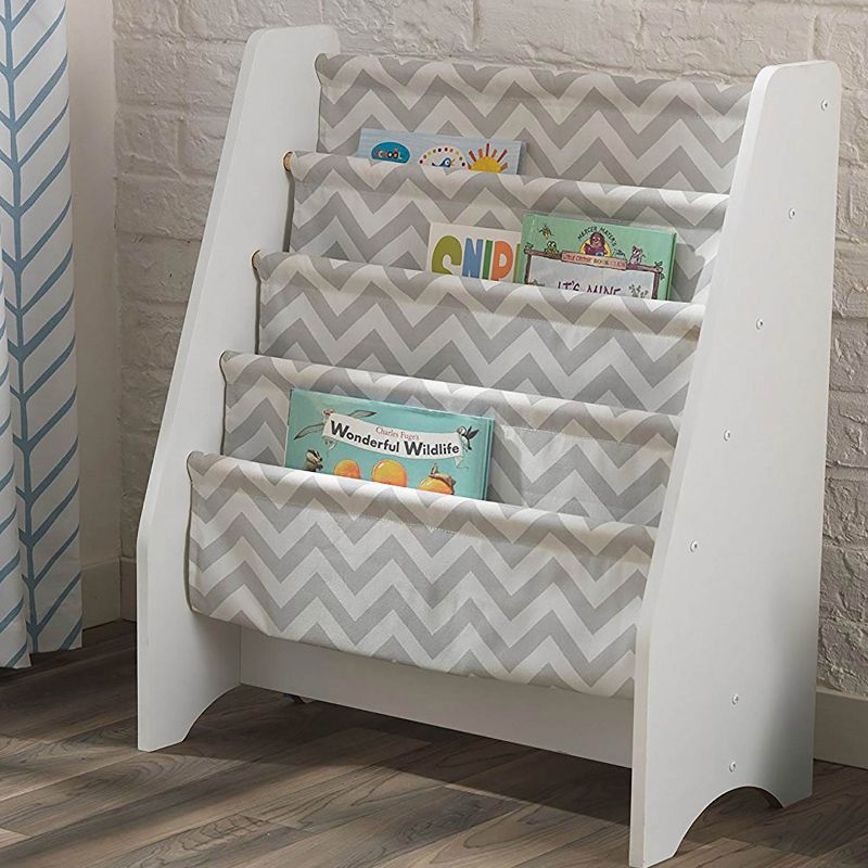 KidKraft Wooden Sling Bookshelf Bookcase Playroom Organizer, Gray and White