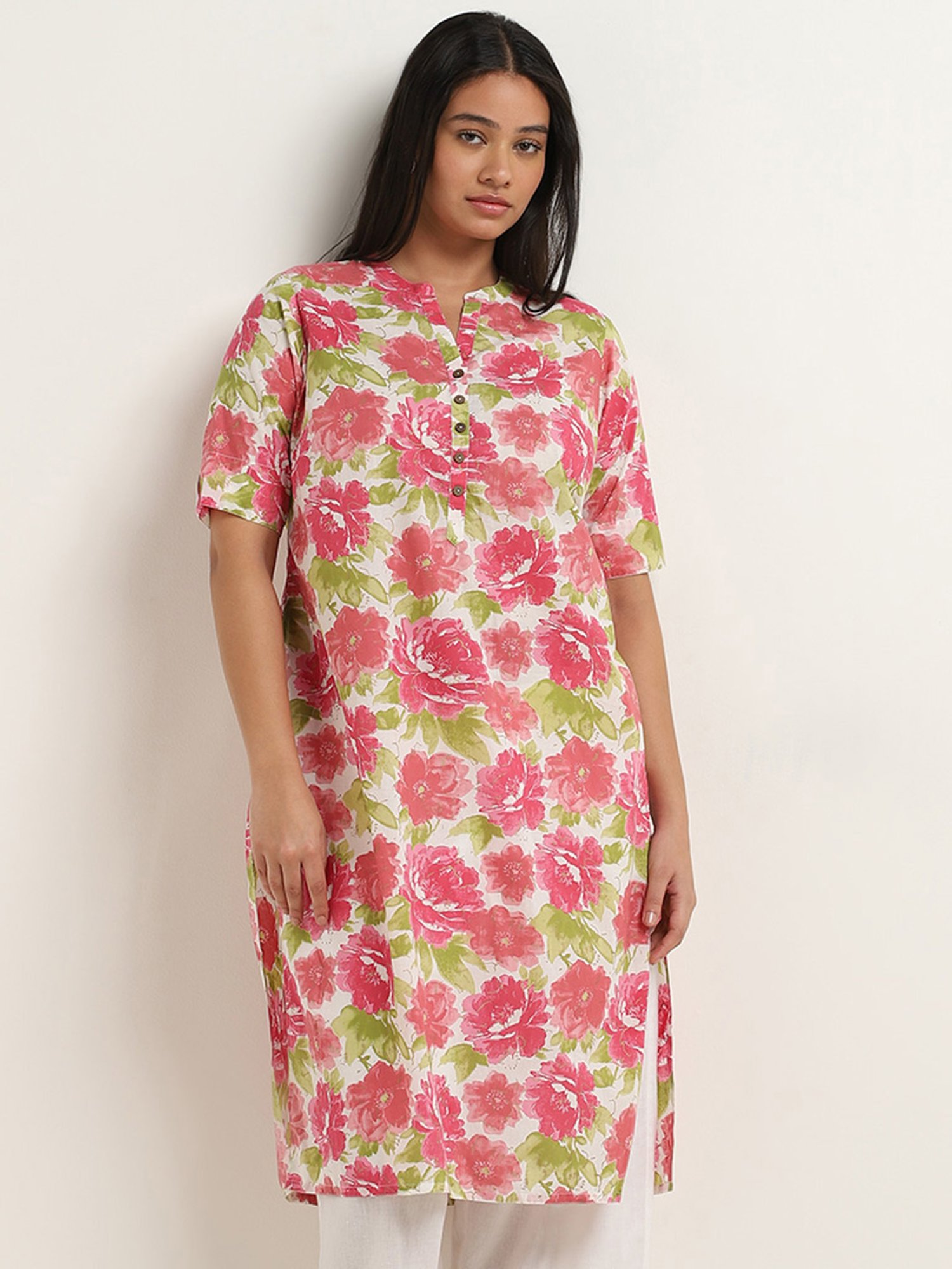 Diza by Westside Pink Floral Printed Straight Cotton Kurta
