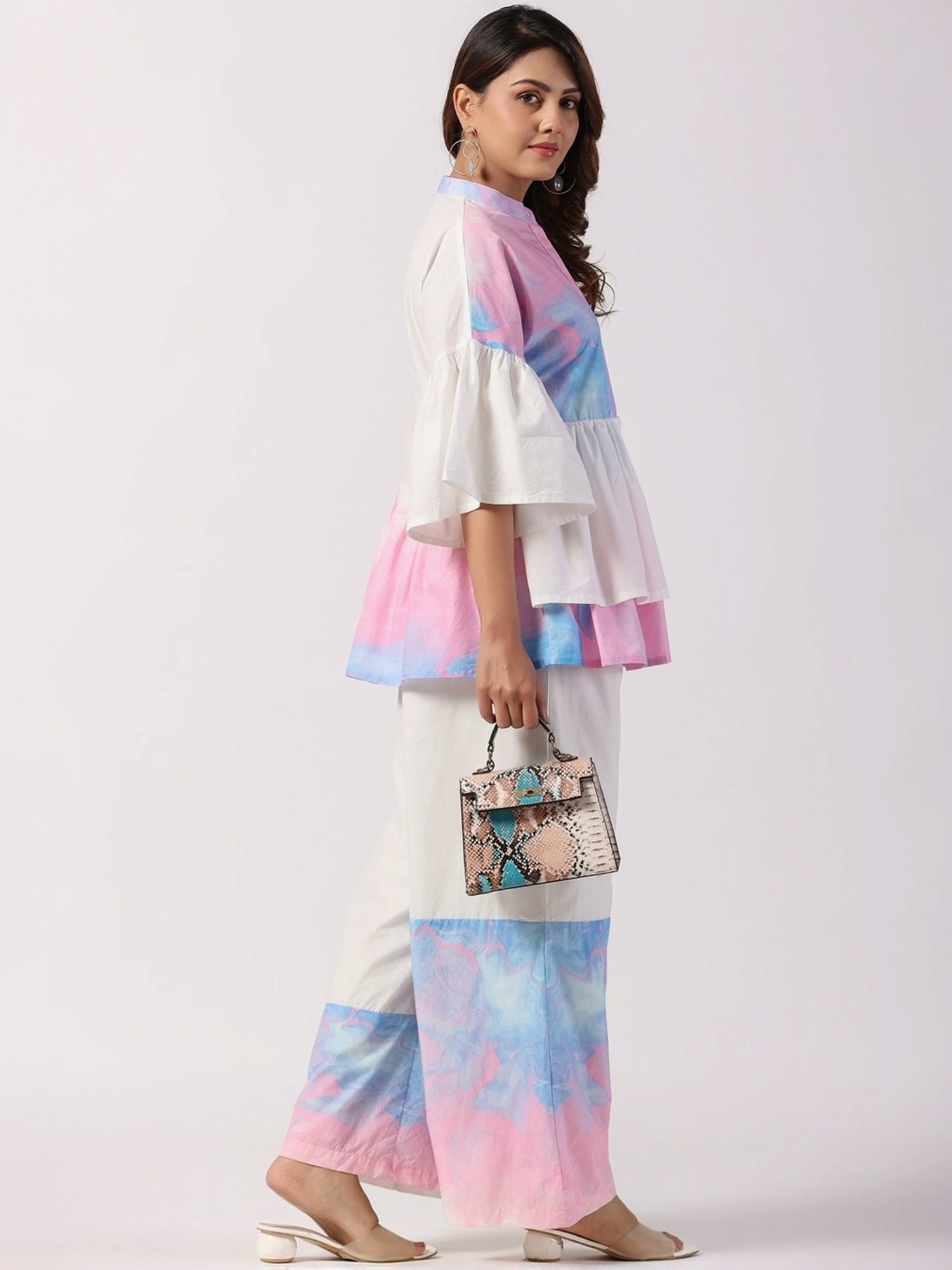 Zolo Label White Cotton Printed Top Palazzo Set