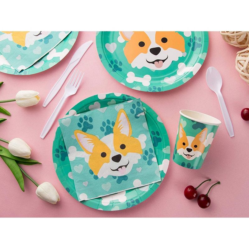 Blue Panda Disposable Plates - 80-Count Paper Plates, Dog Party Supplies, Corgi, 9 x 9 inches