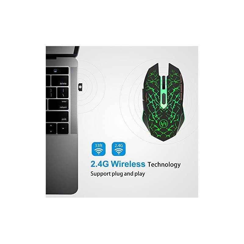 K6 Wireless Gaming Mouse Rechargeable Silent LED Optical Computer Mice with USB Receiver 3 Adjustable DPI Level and 6 Buttons Auto Sleeping Compatible LaptopPCNotebook Green Light