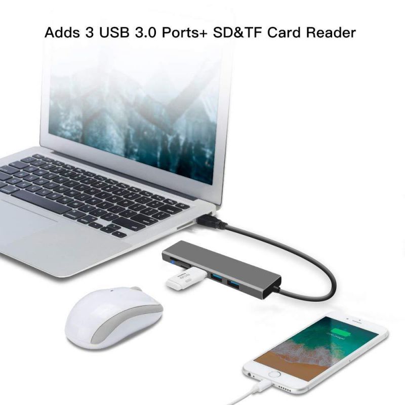 USB 3.0 Hub Ultra Slim 3-Port Aluminum Hub with 2-Slot SD/TF Card Reader Combo, 5 in 1 Superspeed USB 3.0 Hub for MacBook Pro 13/15, iMac, Mac Pro/Mini, Surface Pro, PCs and More - Gray