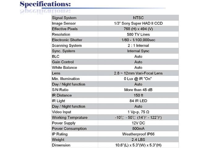 580 TV Lines 84IR 2.8 ~ 12mm Vari-Focal Lens Weatherproof Color Infrared Camera  ( White, 12V DC )