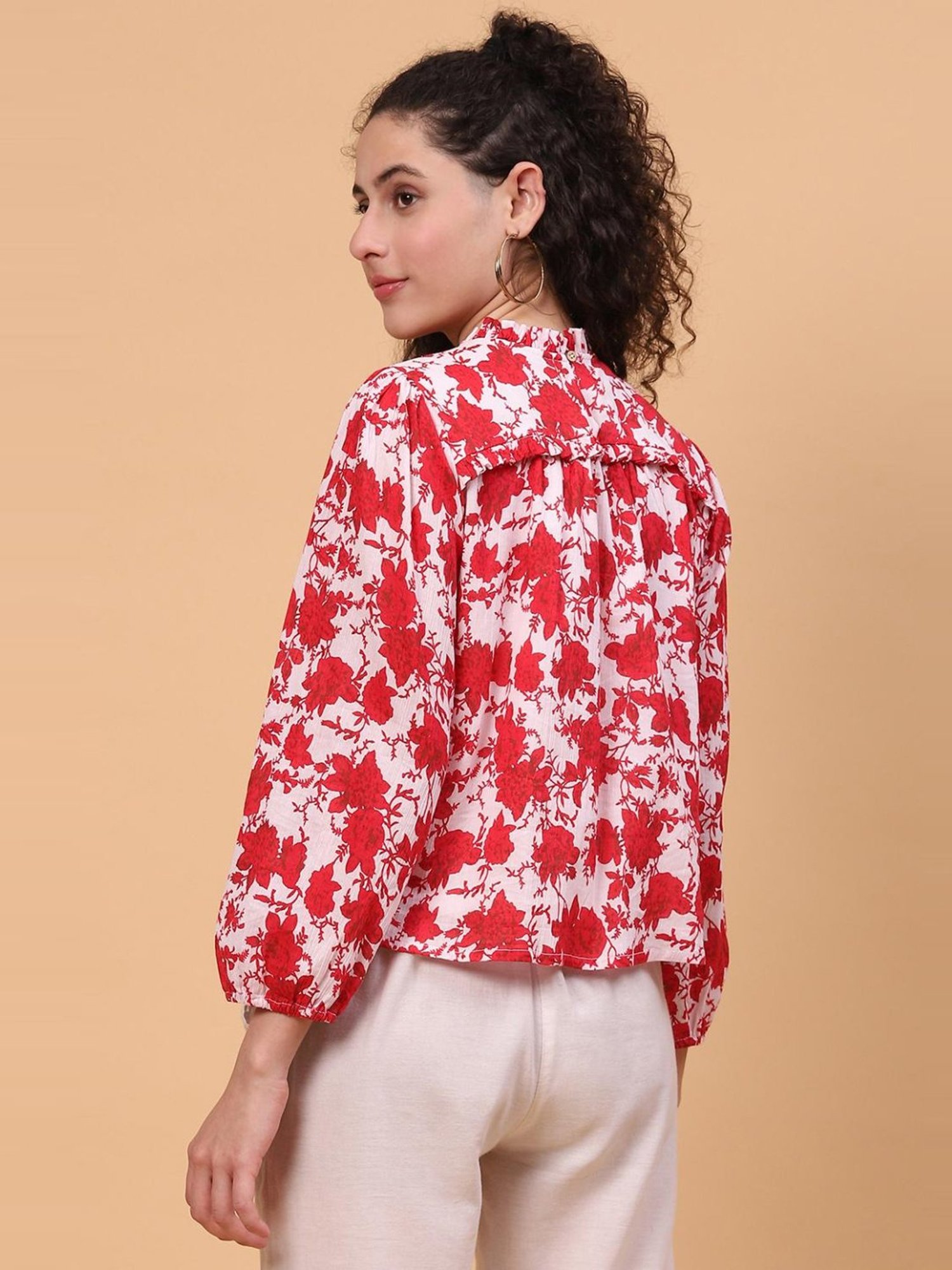 Rangriti White & Red Floral Print Top