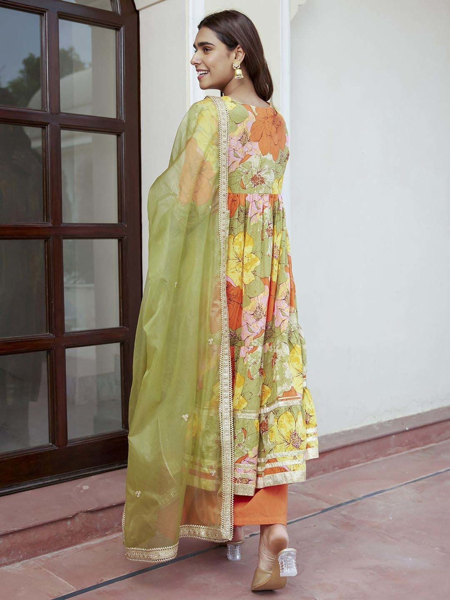 Janasya Multicolored Cotton Floral Print Kurta & Palazzo Set With Dupatta