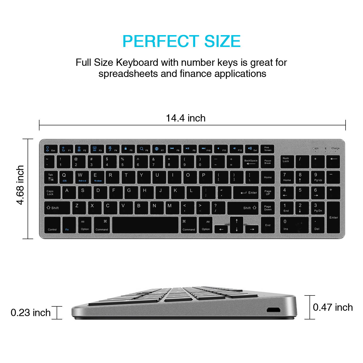 Rechargeable Bluetooth Keyboard Wireless Full Size Keypad with Number Pad for Laptop/Desktop support Win/IOS/Android