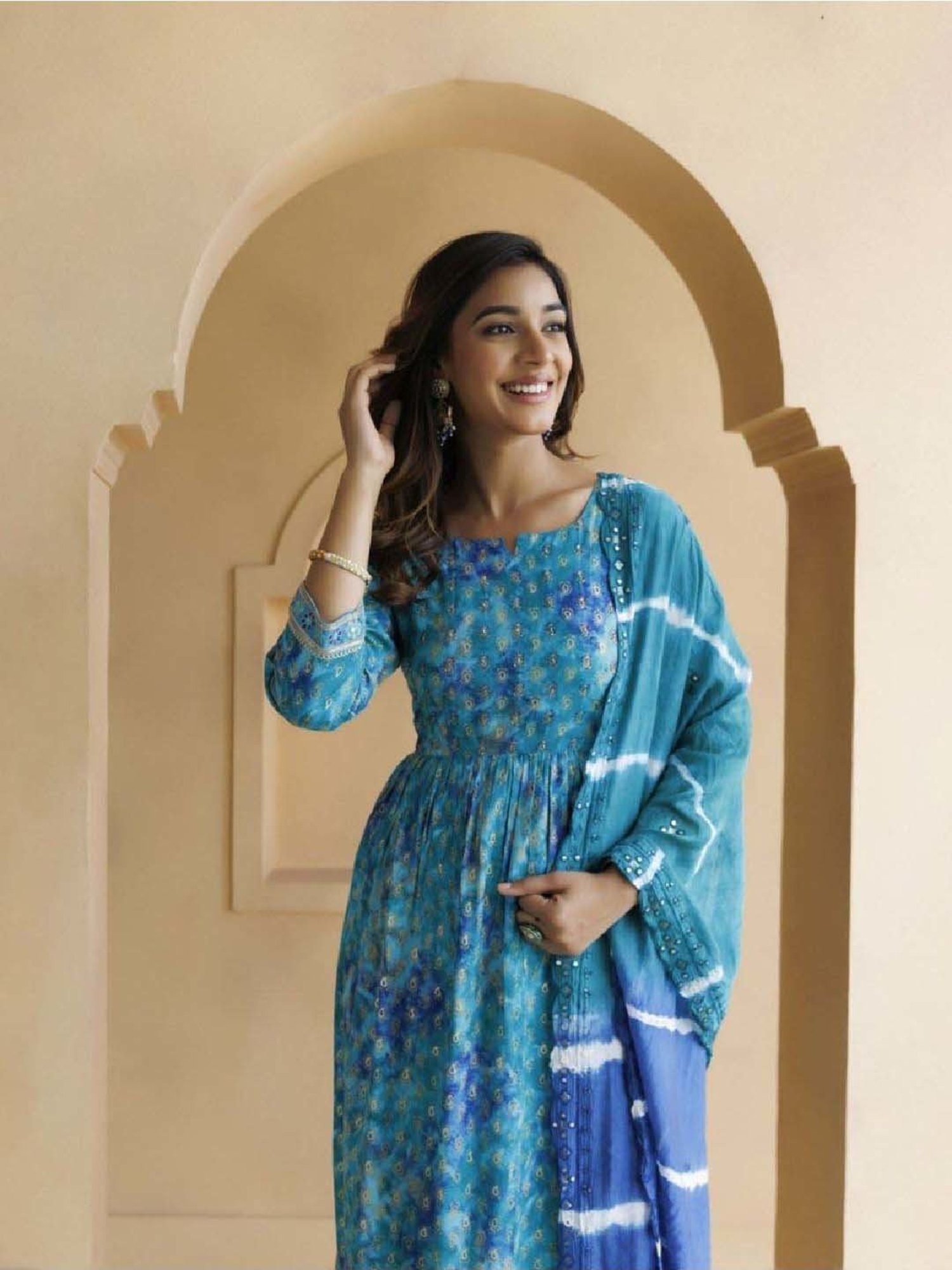 Geroo Jaipur Blue Shaded Cotton-Rayon Embroidered Kurta and Pant with Silk Dupatta