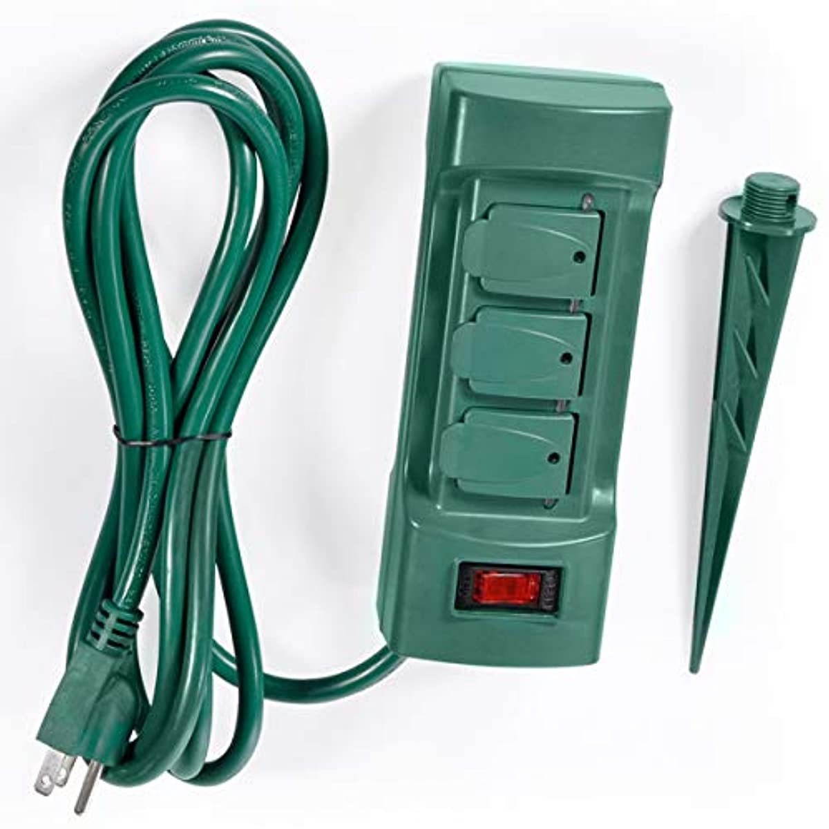 BESTTEN Outdoor Power Strip with Covers and Overload Protection Switch, Double Sided 6-Outlet Yard Power Stake with 9-Foot Long Extension Cord, ETL Certified, Green