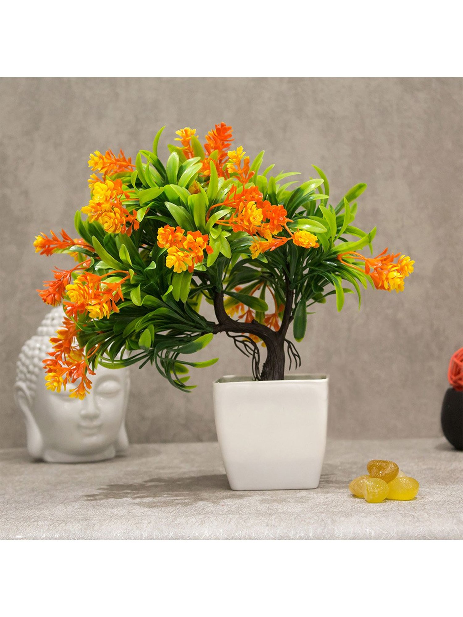 Amflix Orange Artificial Bonsai Flower Plant With Pot