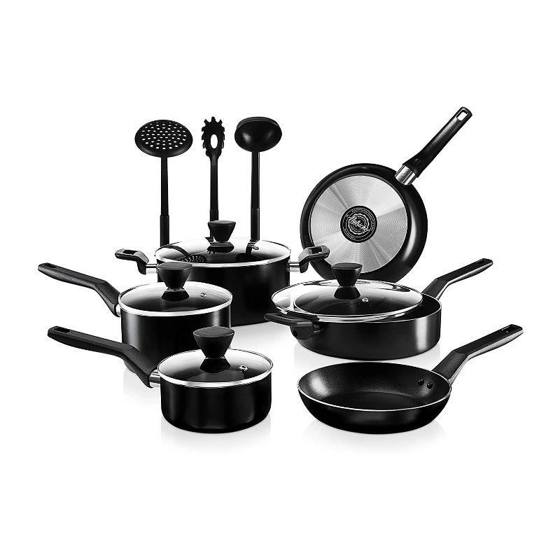 NutriChef Aluminum Nonstick Cooking Kitchen Cookware Pots and Pan Set with Lids and Utensils, 13 Piece Set, Black