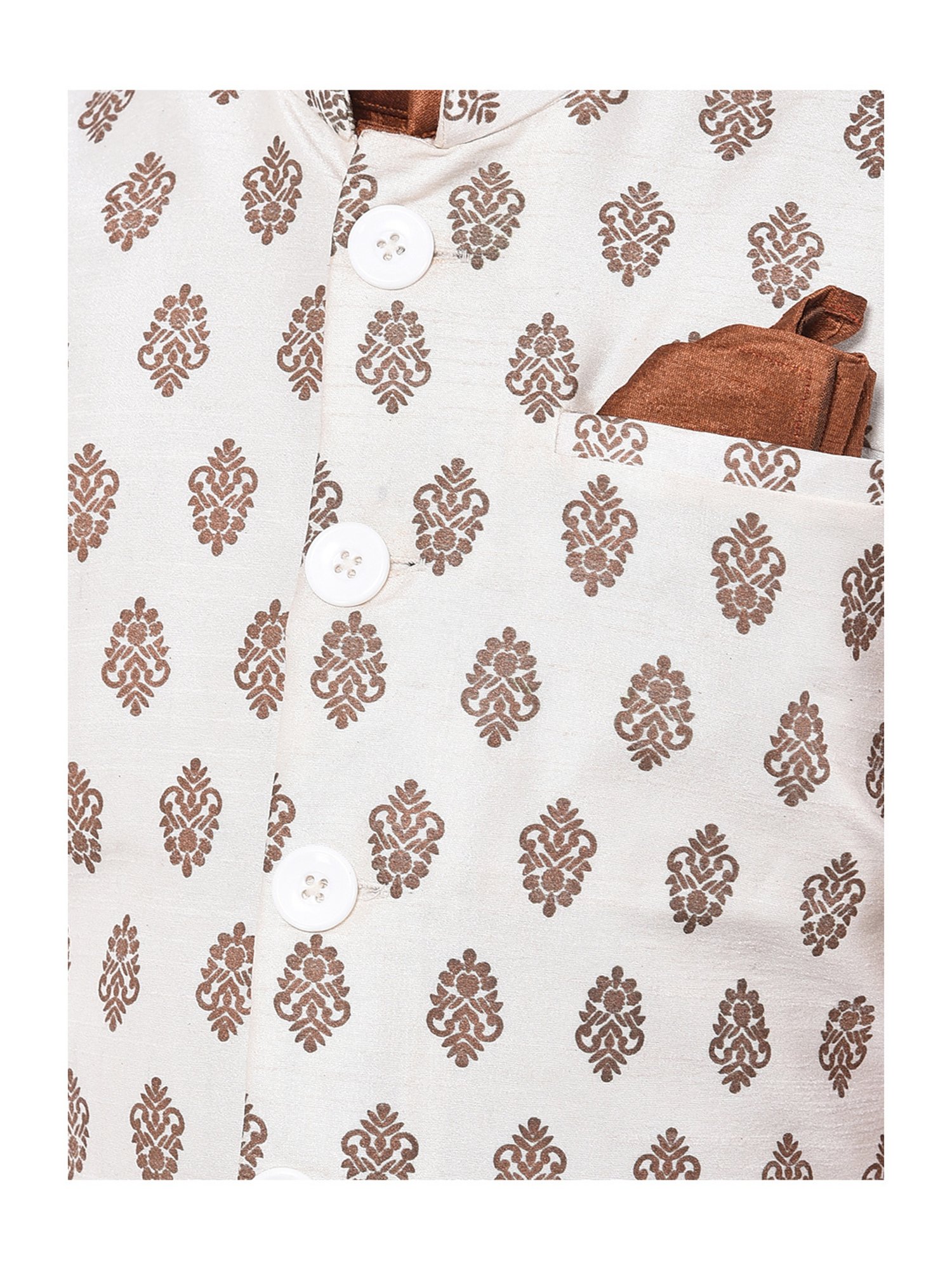 Deyann Kids Brown & Off White Self Design Full Sleeves Kurta, Churidar Pants with Nehru Jacket