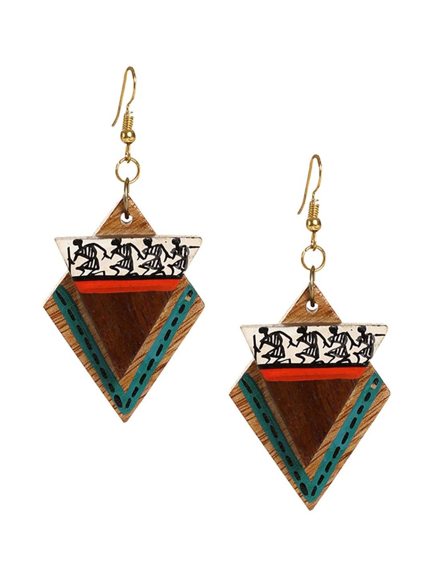 ExclusiveLane 'Dancing Tribal Warli' Brown & White Handpainted Earrings (Warli Art in Sheesham Wood)