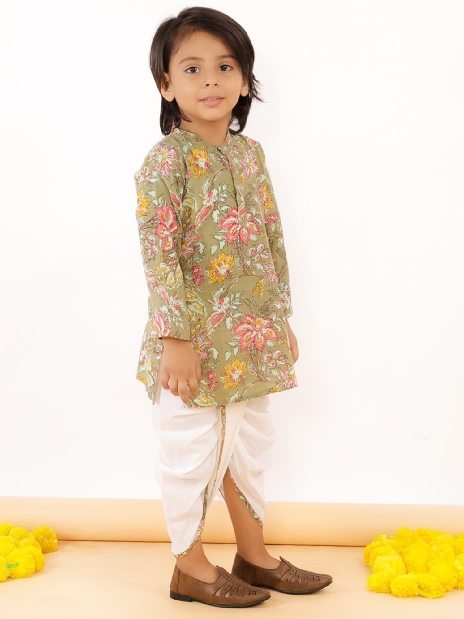 The Mom Store Boys Multicolor Floral Print Full Sleeves Kurta With Dhoti
