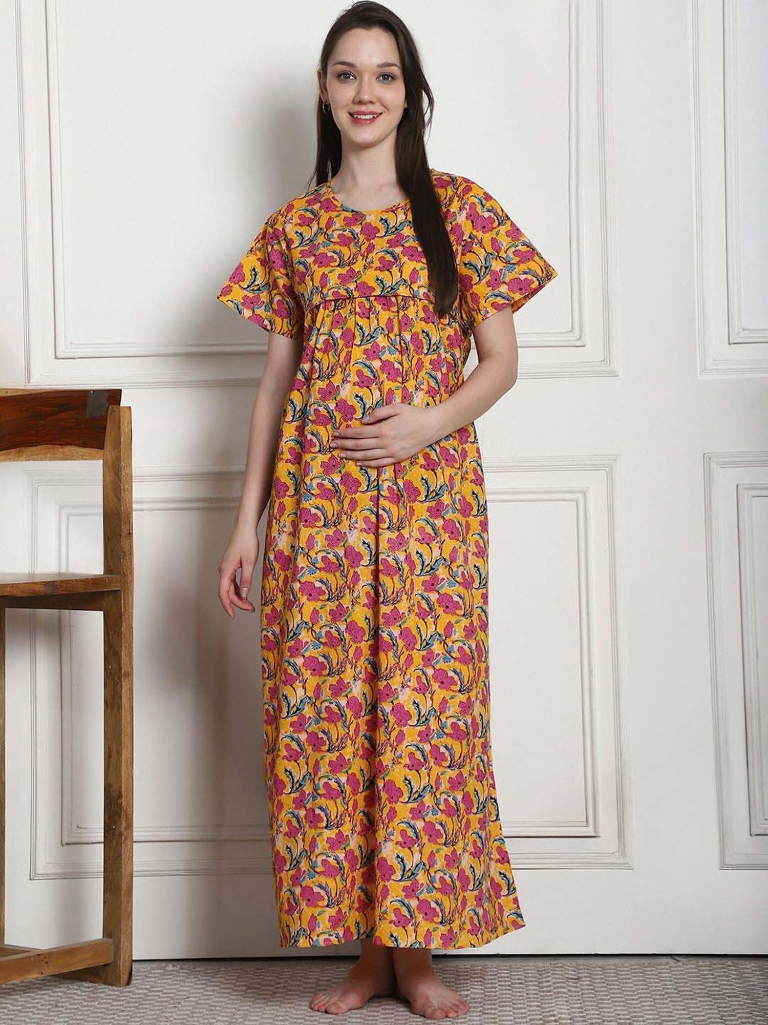 Secret Wish Yellow & Pink Cotton Floral Straight Nighty