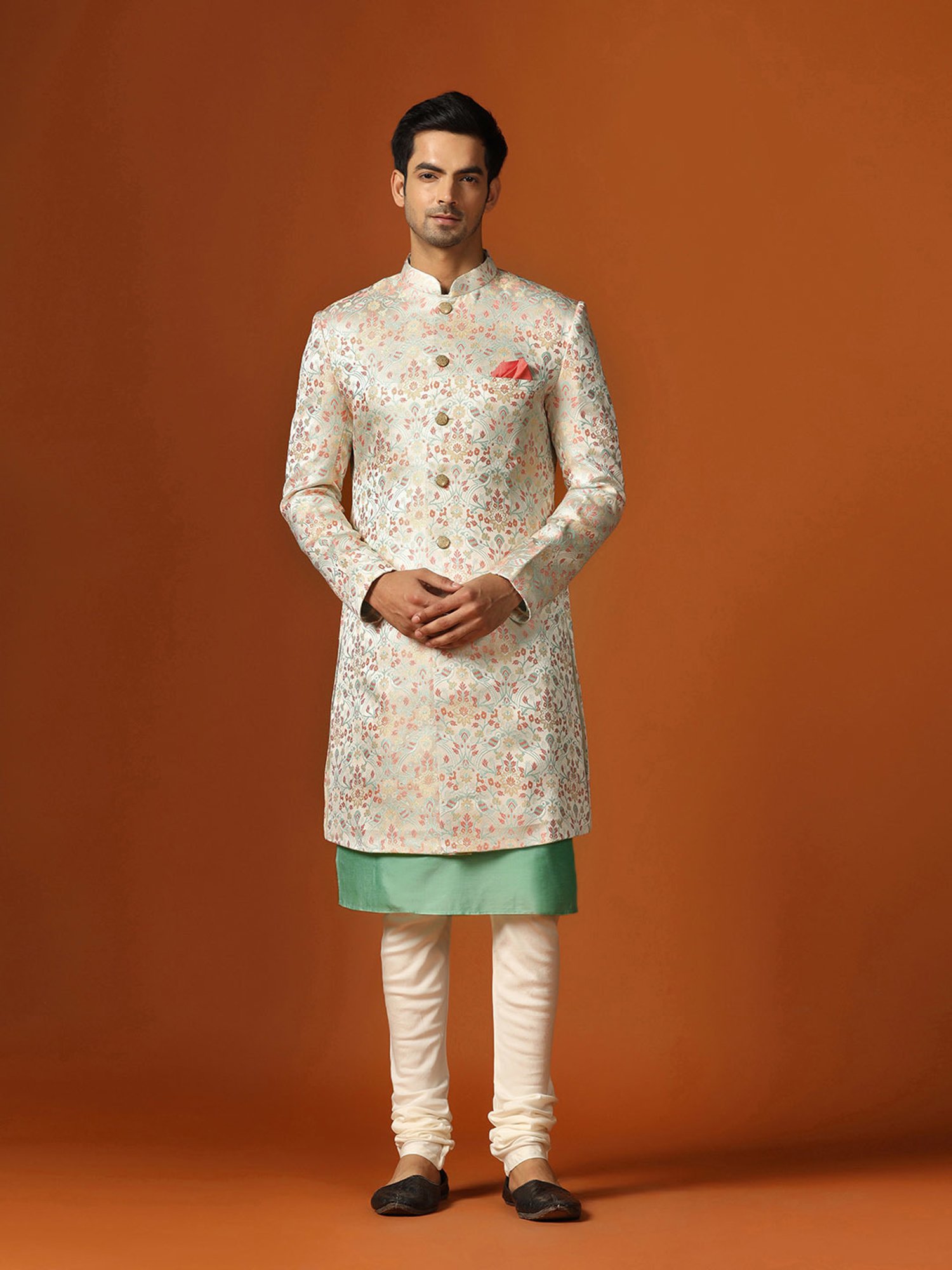 Benstoke Black & Maroon Regular Fit Sherwani Set