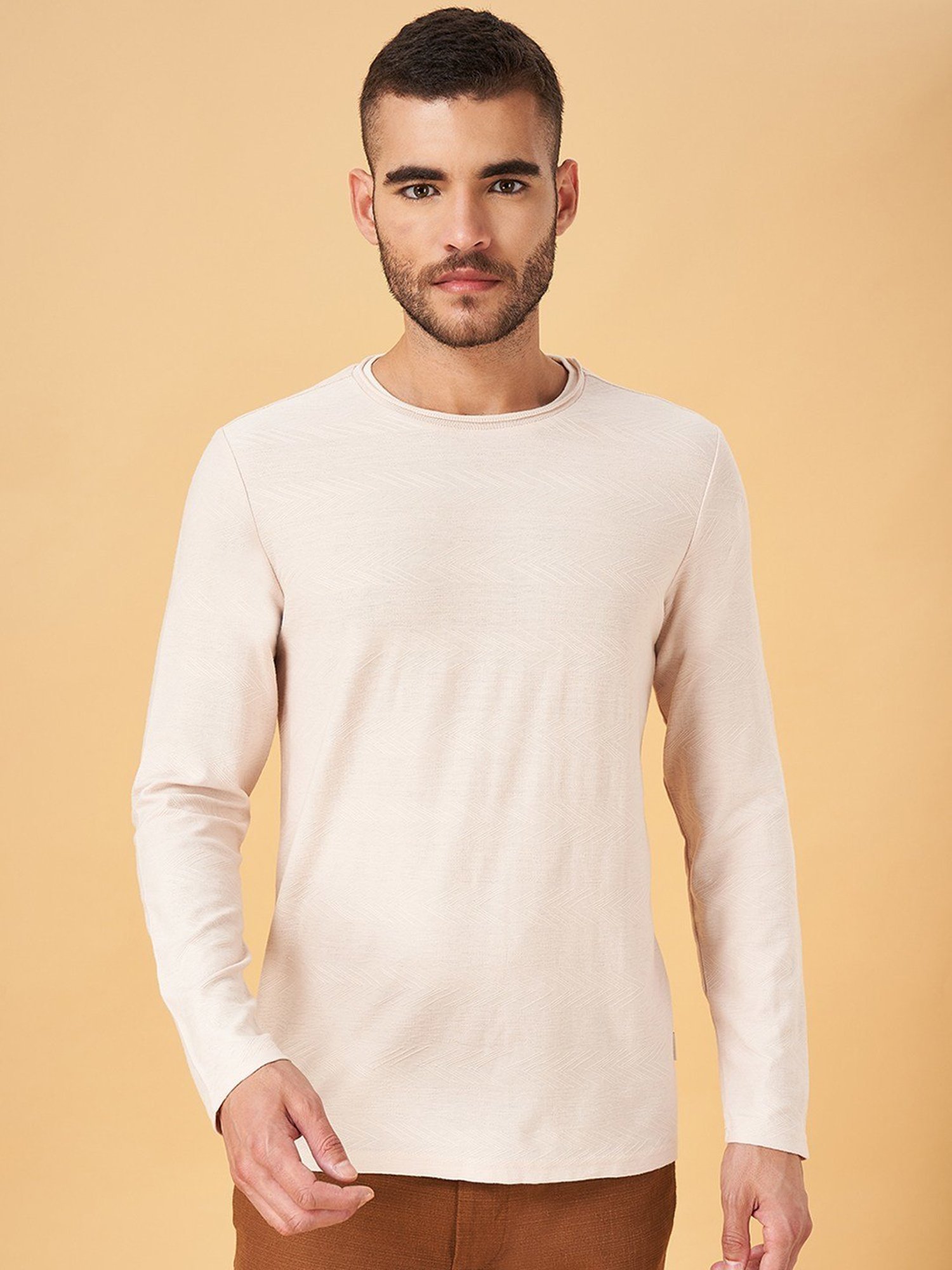 7 Alt by Pantaloons Light Peach Slim Fit T-Shirt