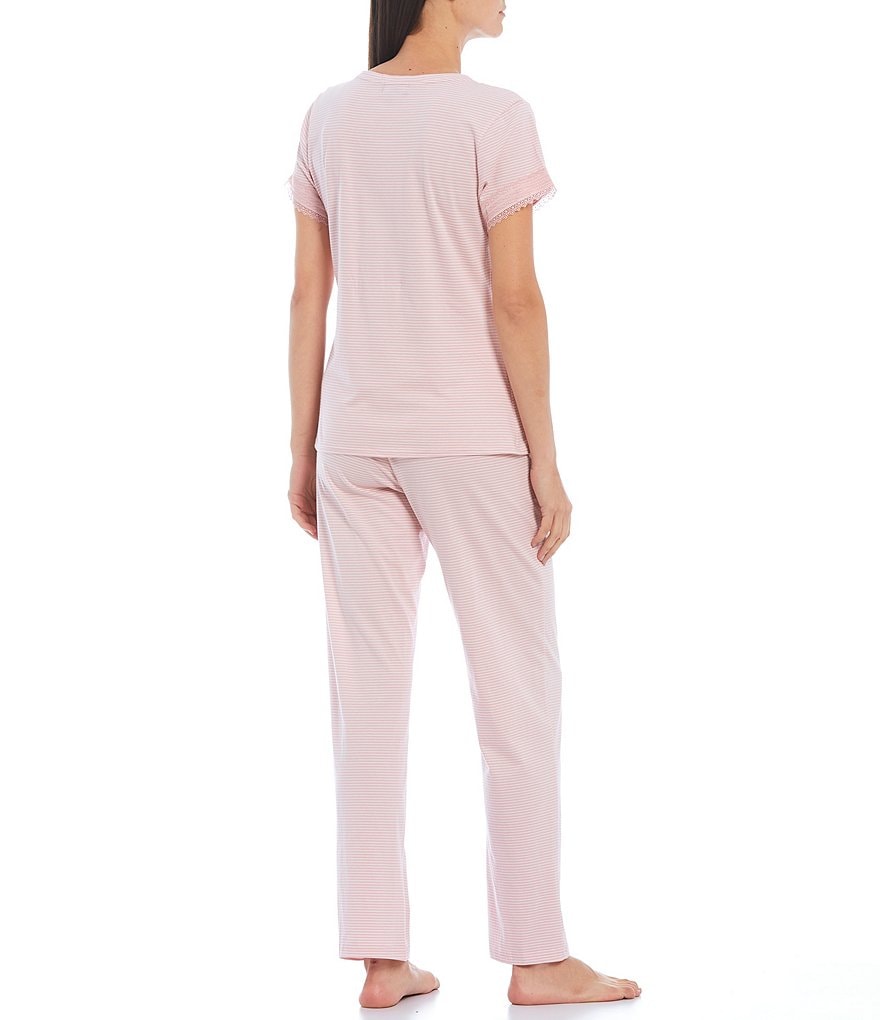 Miss Elaine Luxe Knit Stripe Print V-Neck Short Sleeve Coordinating Pajama Set