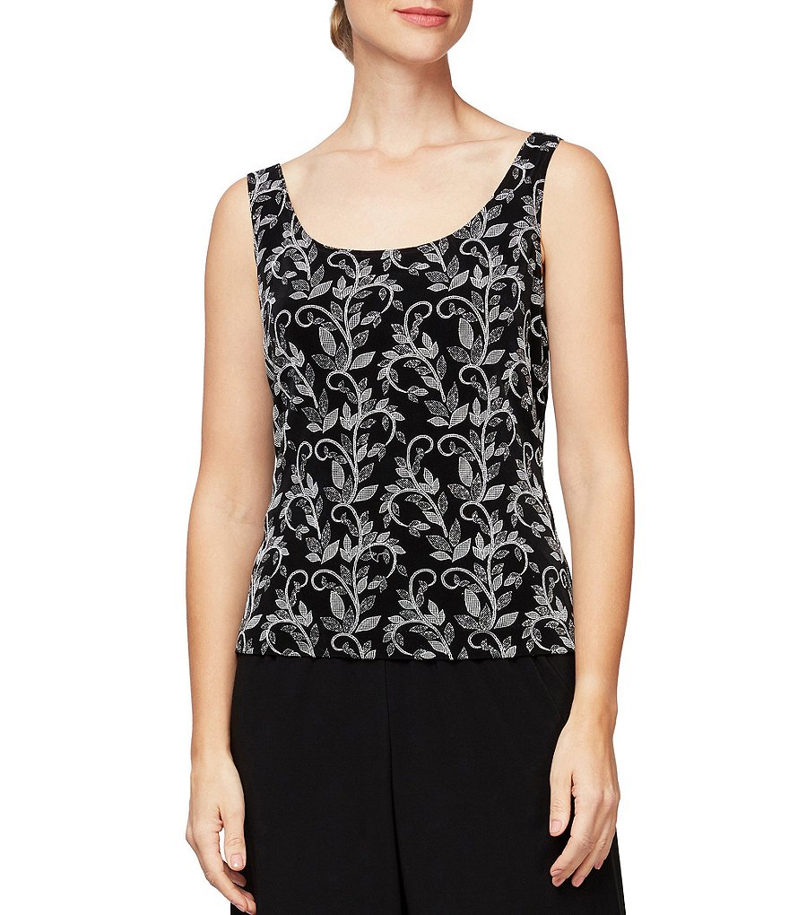 Alex Evenings Petite Size Glitter Detail Printed Piping Detail 3/4 Sleeve Mandarin Collar Neck 2-Piece Twinset