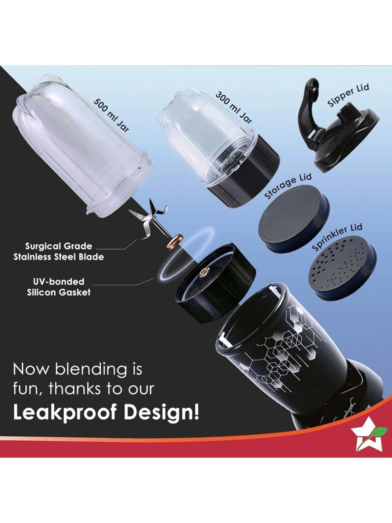 Wonderchef Nutri Blend Photon 400W Mixer- Grinder with 2 Unbreakable Jars & Sipper Lid (Black)