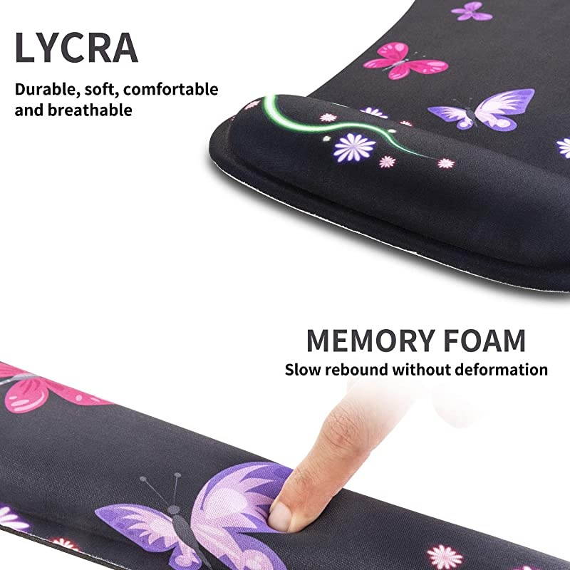 Ergonomic Memory Foam Keyboard and Mouse Pad Wrist Rest Support Set, Non-Slip Office Work Desk Mouse Pad Wrist Set by (Nice Butterfly & Flower)