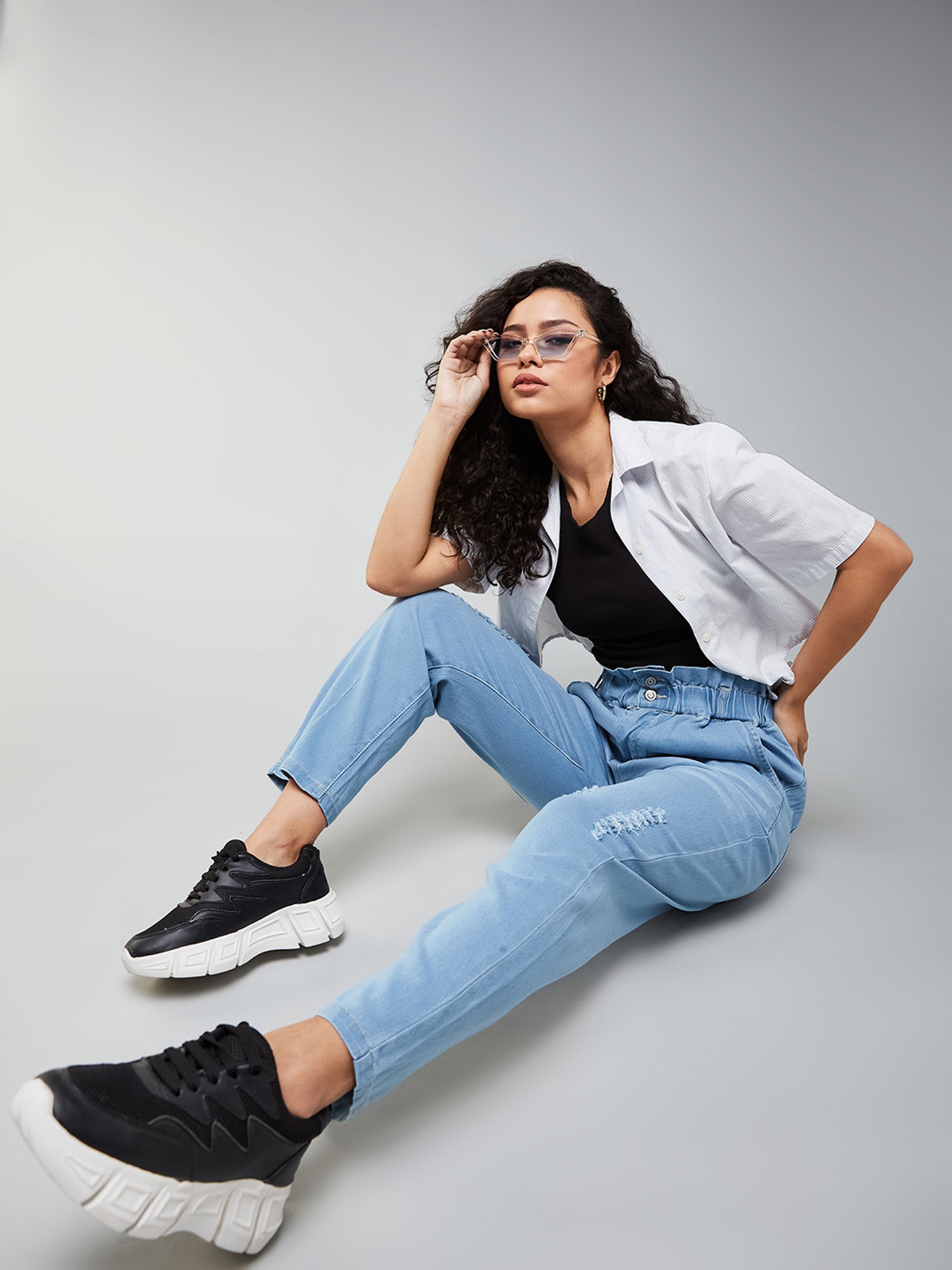 DOLCE CRUDO Light Blue Denim Regular Fit High Rise Jeans