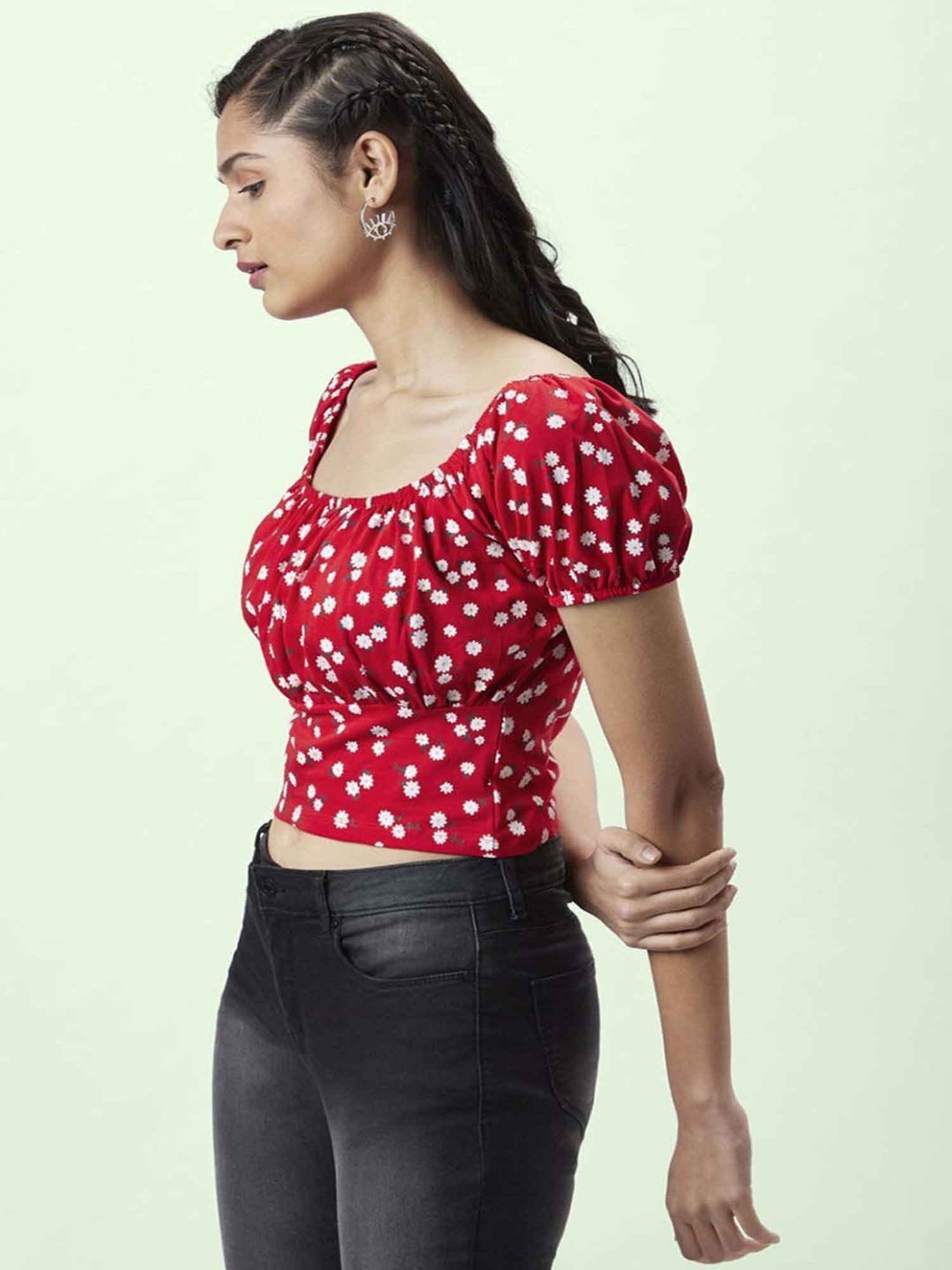People by Pantaloons Red Cotton Floral Print Crop Top