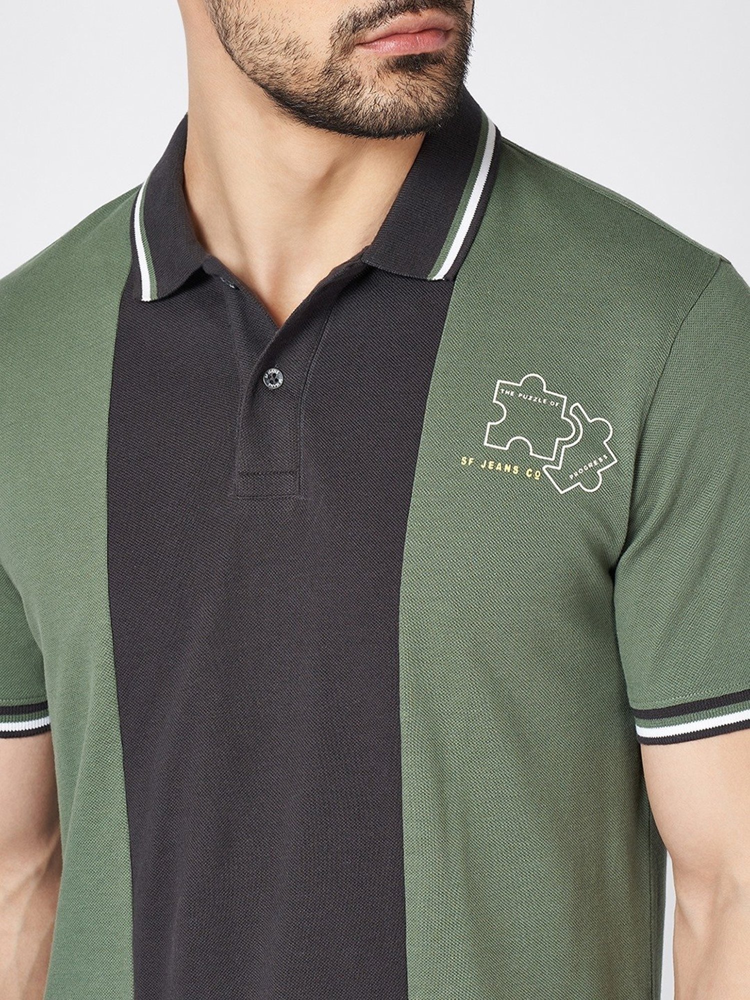 SF Jeans by Pantaloons Duck Green Cotton Slim Fit Solid Polo T-Shirt