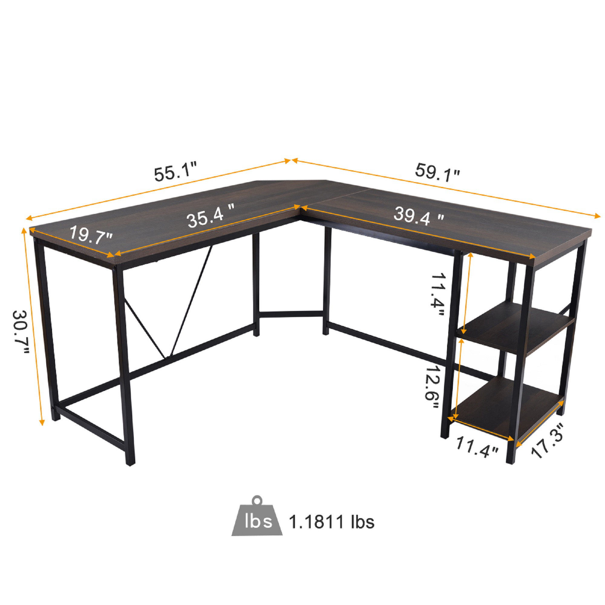 Modern L-Shaped Corner Desk Computer Office Desk Gaming Desk PC Laptop Gaming Table Workstation With 2-Tier Storage Shelves For Home Office Solid Metal Frame With Foot Rest (Walnut)