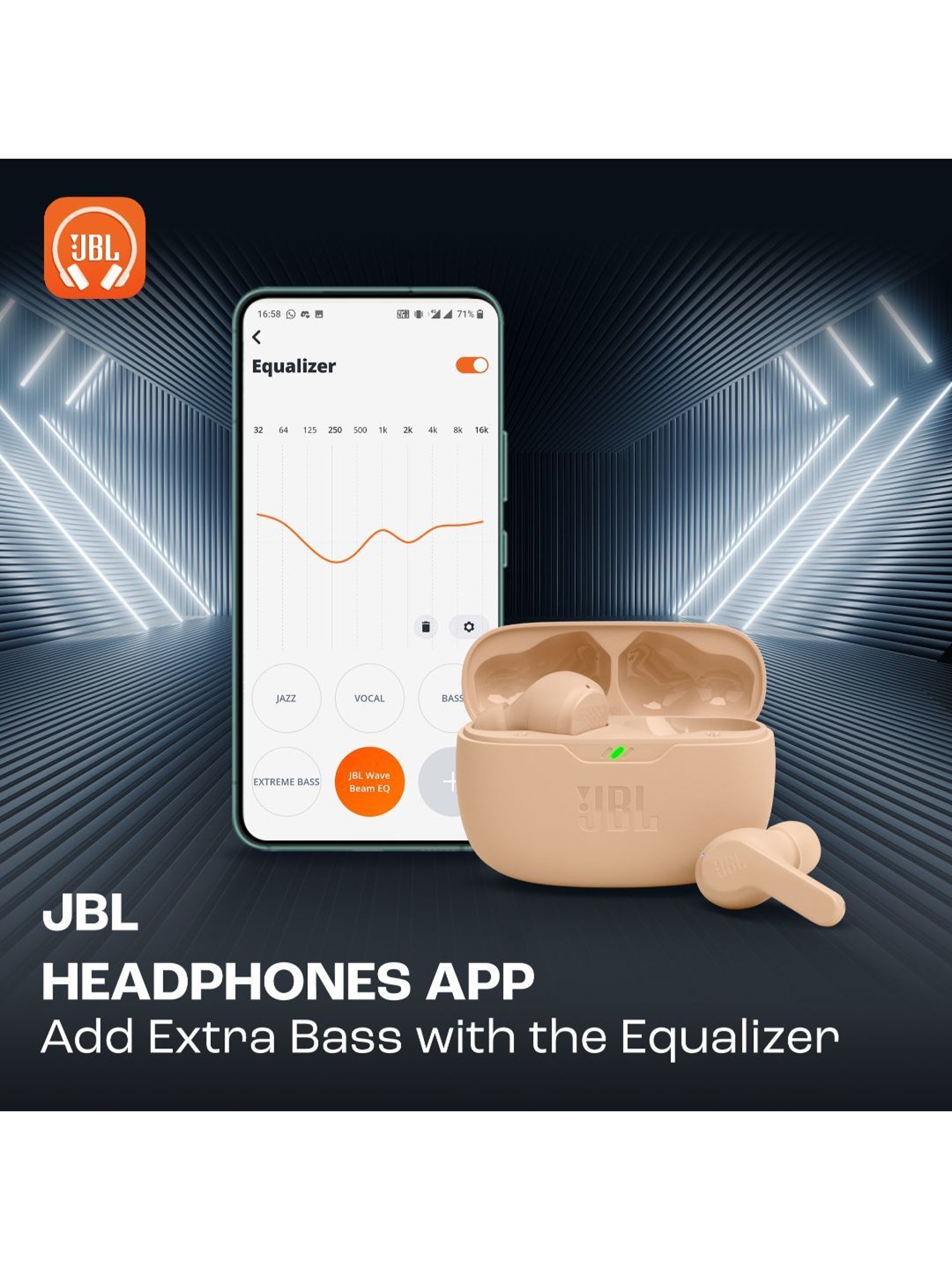 JBL Wave Beam TWS, 32Hr, Deep Bass, Dual Mode, Quick Charge, IP54, Smart Ambient & TalkThru (Beige)