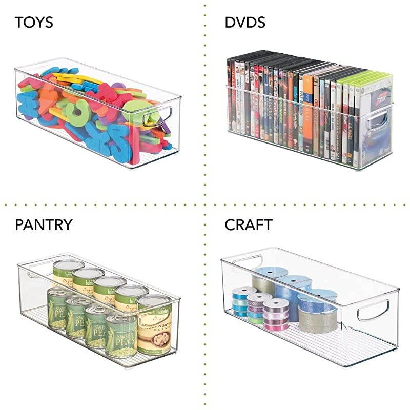 Plastic Stackable Household Storage Organizer Container Bin with Handles for Media Consoles Closets Cabinets Holds DVDs Video Games Gaming Accessories Head Sets 2 Pack Clear