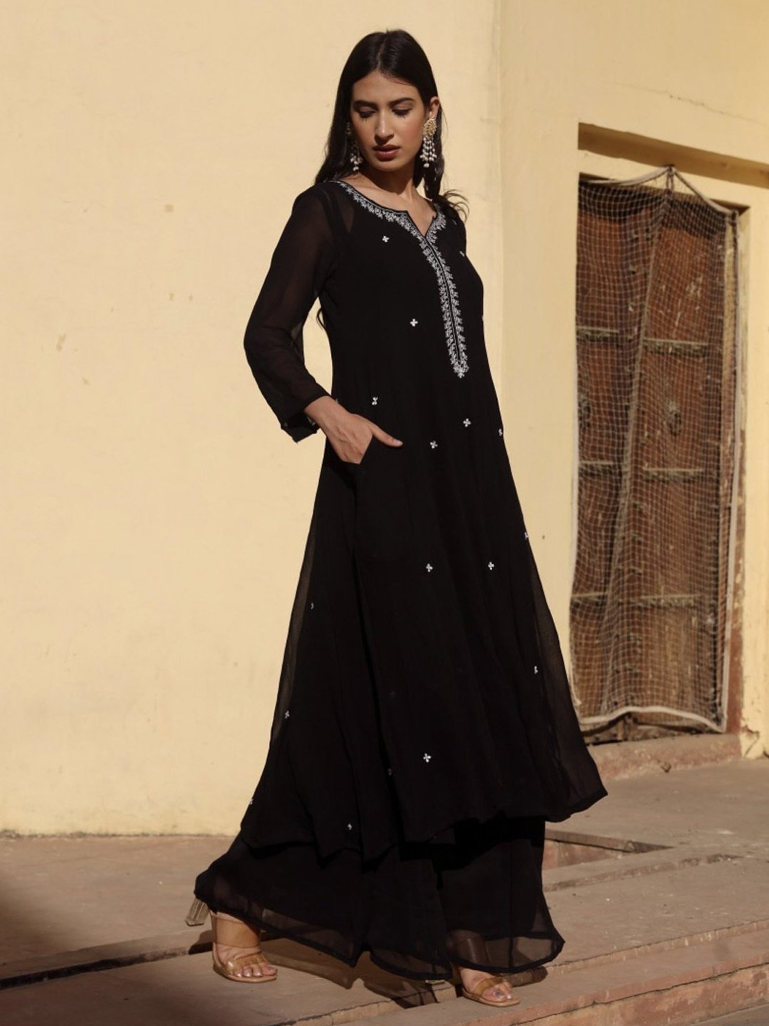 Asrumo Black Georgette White Dot Anarkali Set