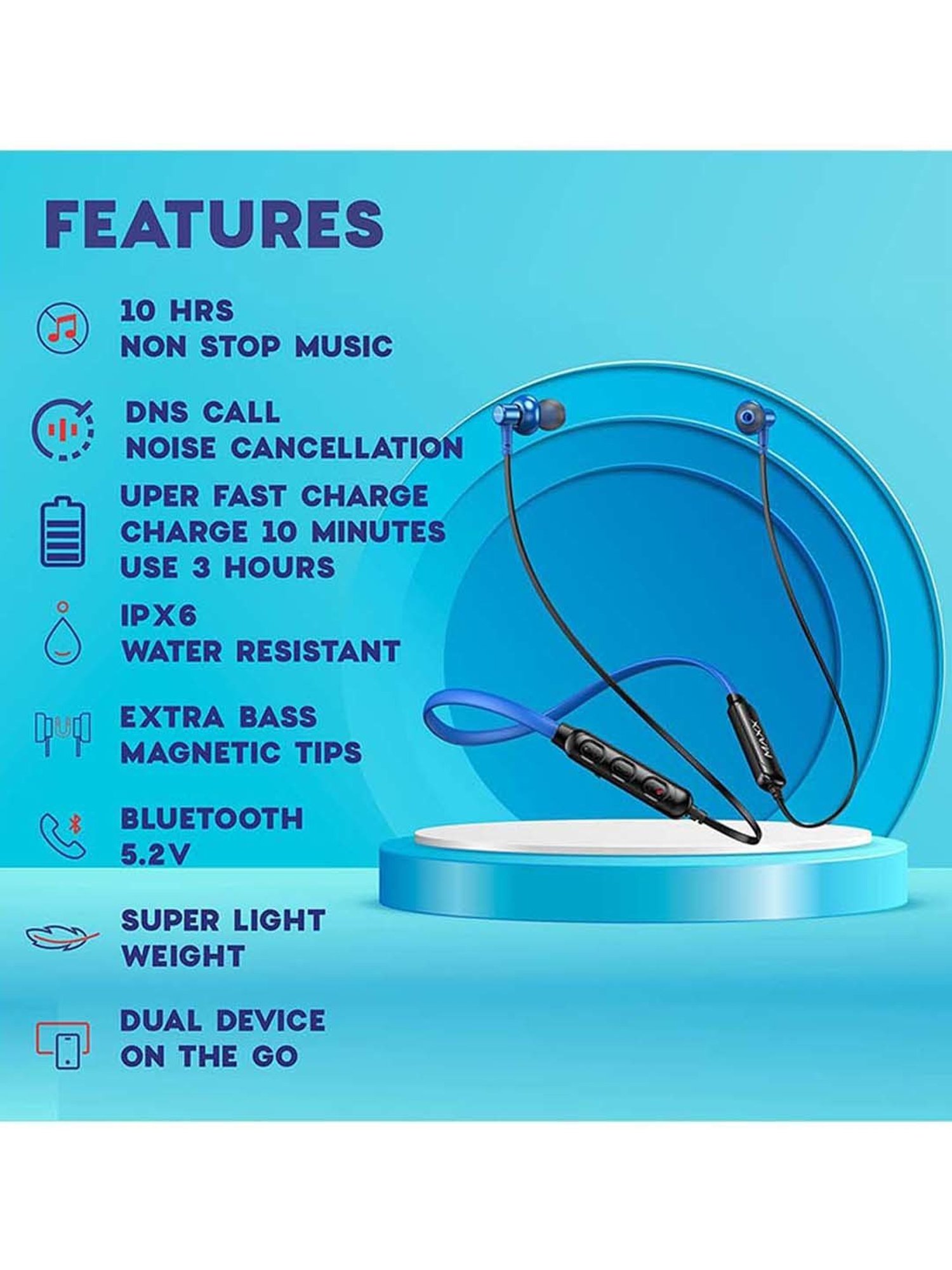 Maxx NX7 Wireless Neckband with Mic (Black/Blue)